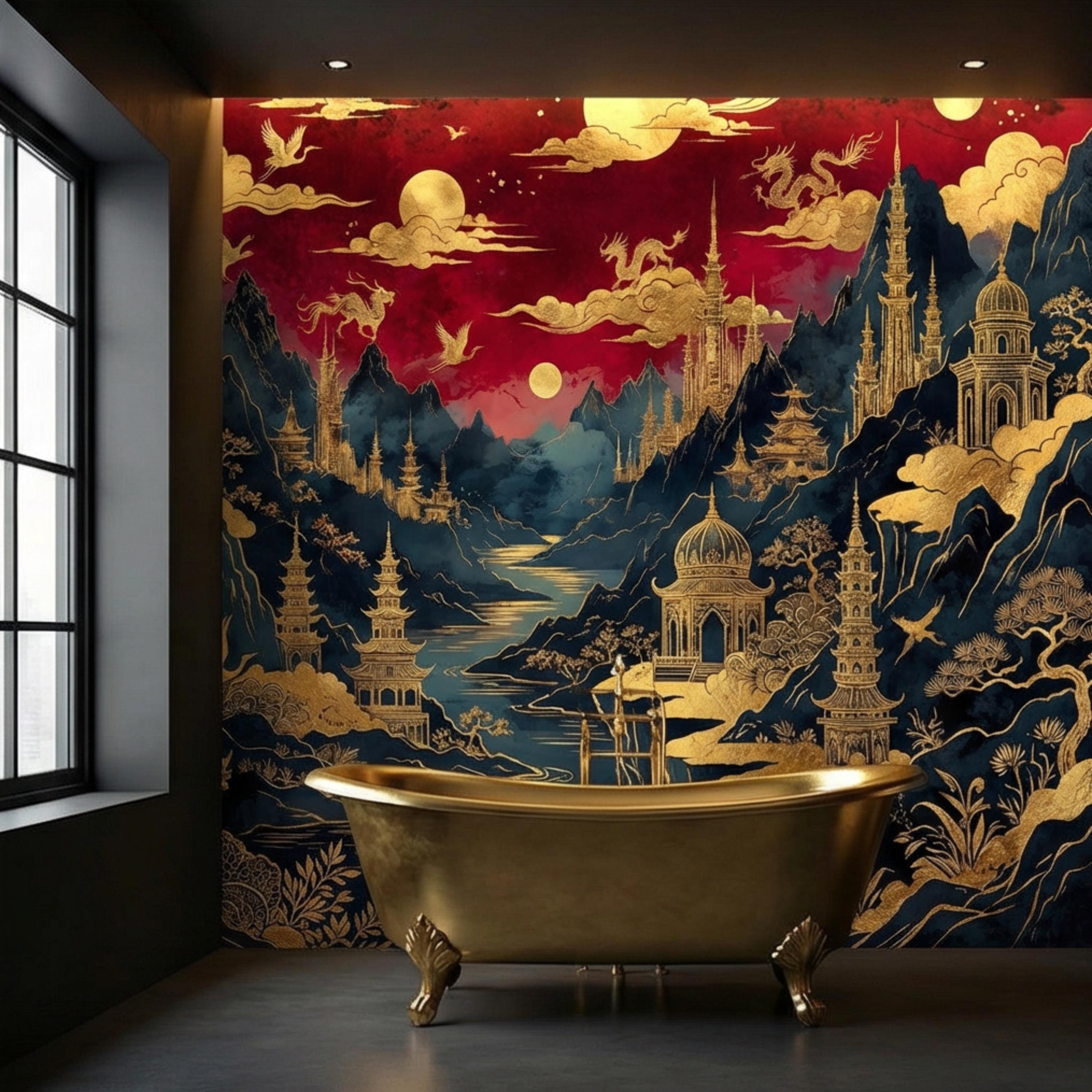 Red & Gold Chinoiserie Mountain Pagoda Landscape Peel and Stick Wall Mural, Dragons Moons Clouds Luxury Asian Wallpaper