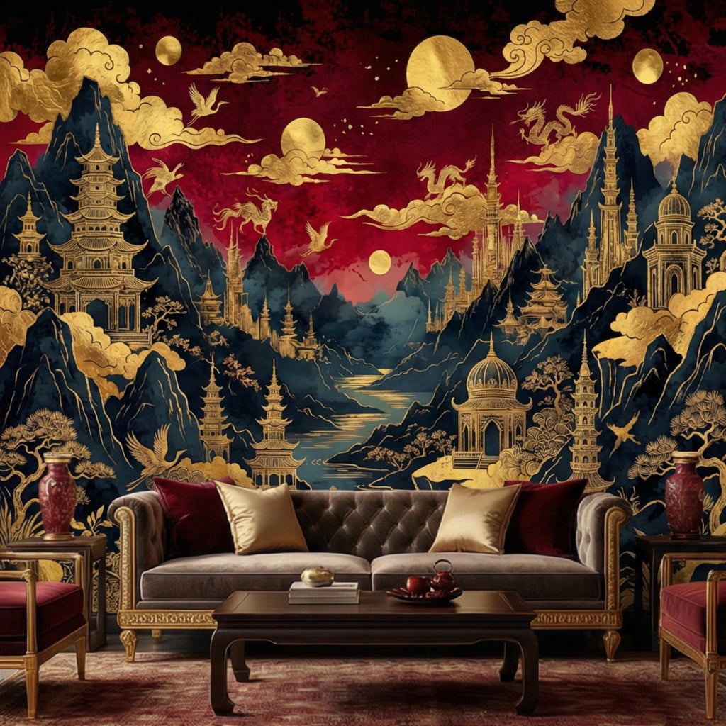 Red & Gold Chinoiserie Mountain Pagoda Landscape Peel and Stick Wall Mural, Dragons Moons Clouds Luxury Asian Wallpaper