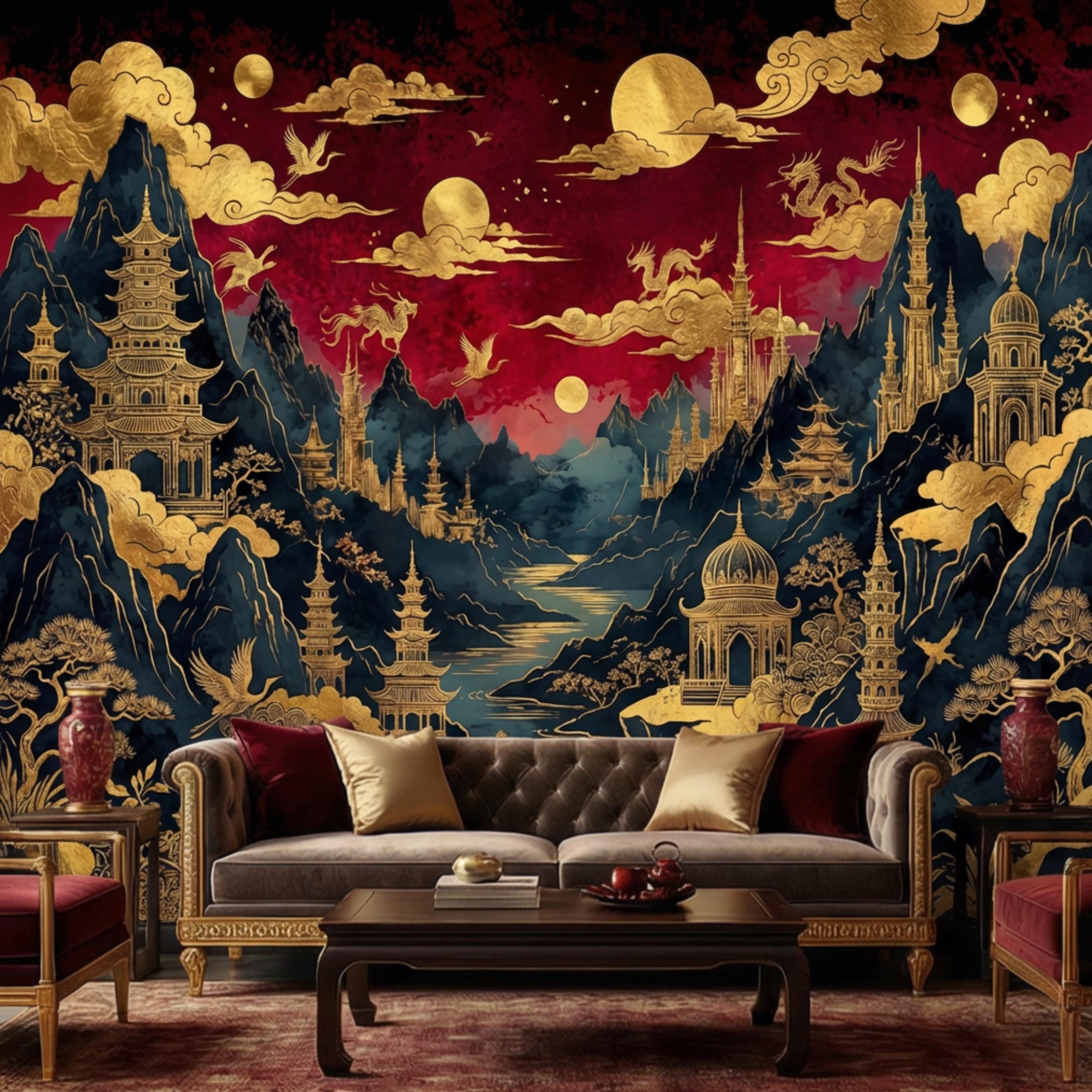 Red & Gold Chinoiserie Mountain Pagoda Landscape Peel and Stick Wall Mural, Dragons Moons Clouds Luxury Asian Wallpaper