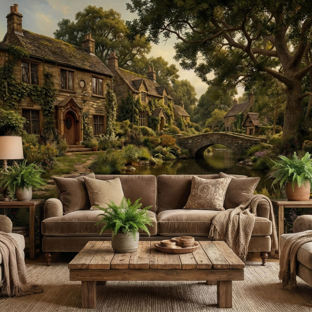 English Cottage Garden River Scene Peel and Stick Wall Mural, Stone Bridge Village Landscape,Vintage Cottagecore Wallpaper Decor - The Fine Art Murals