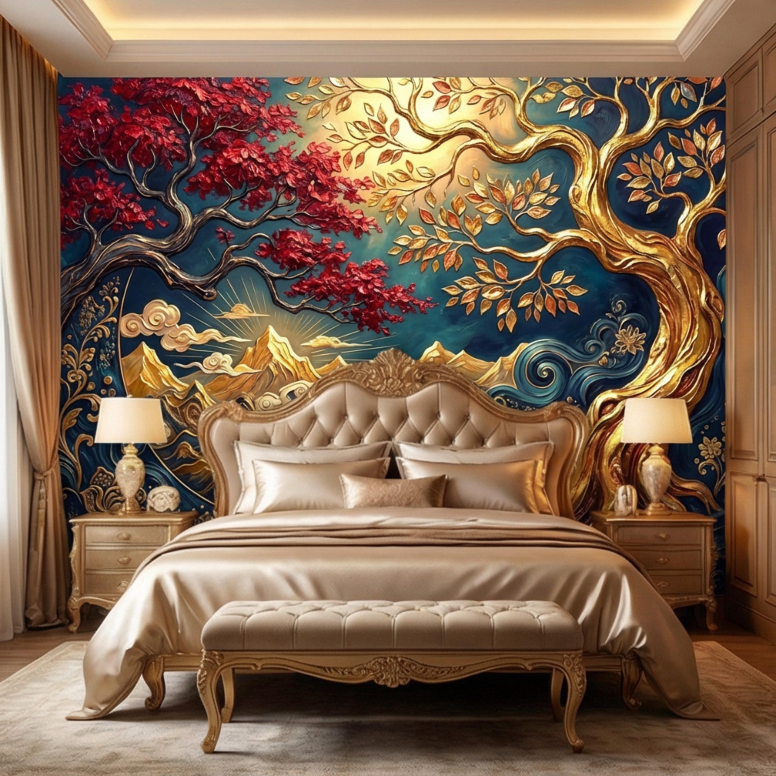 Gold Tree of Life Luxury Art Nouveau Peel and Stick Wall Mural, Blue Mountains River Waves, Fantasy Landscape Wallpaper Decor