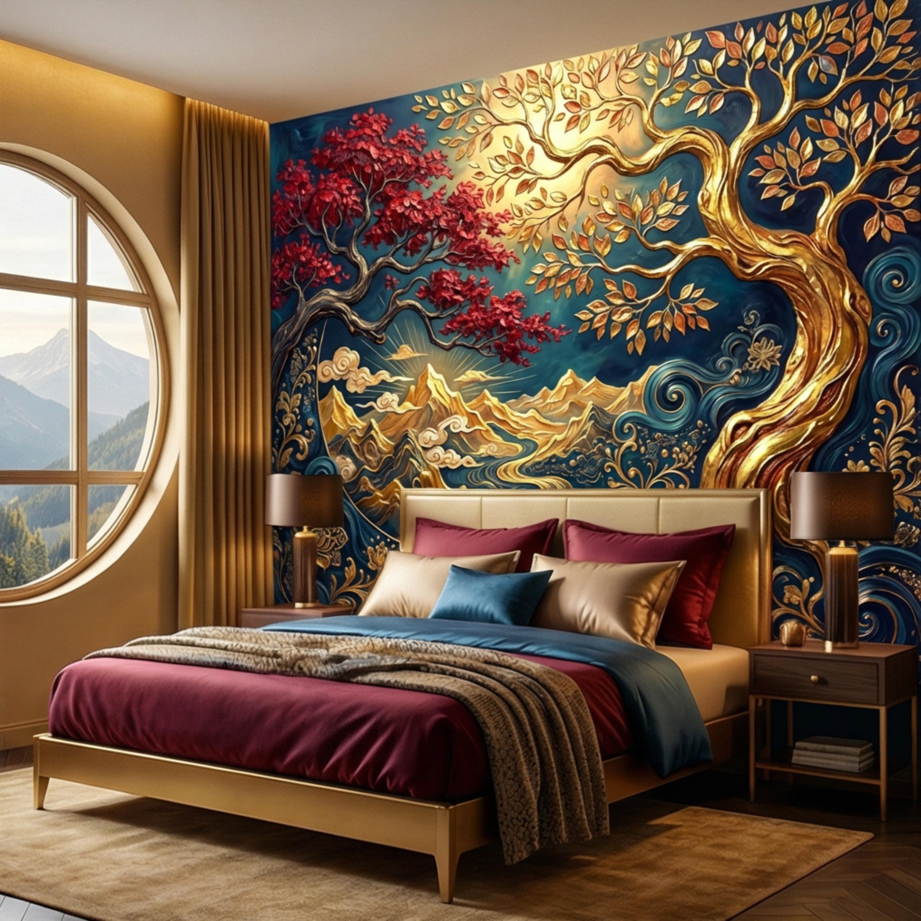Gold Tree of Life Luxury Art Nouveau Peel and Stick Wall Mural, Blue Mountains River Waves, Fantasy Landscape Wallpaper Decor