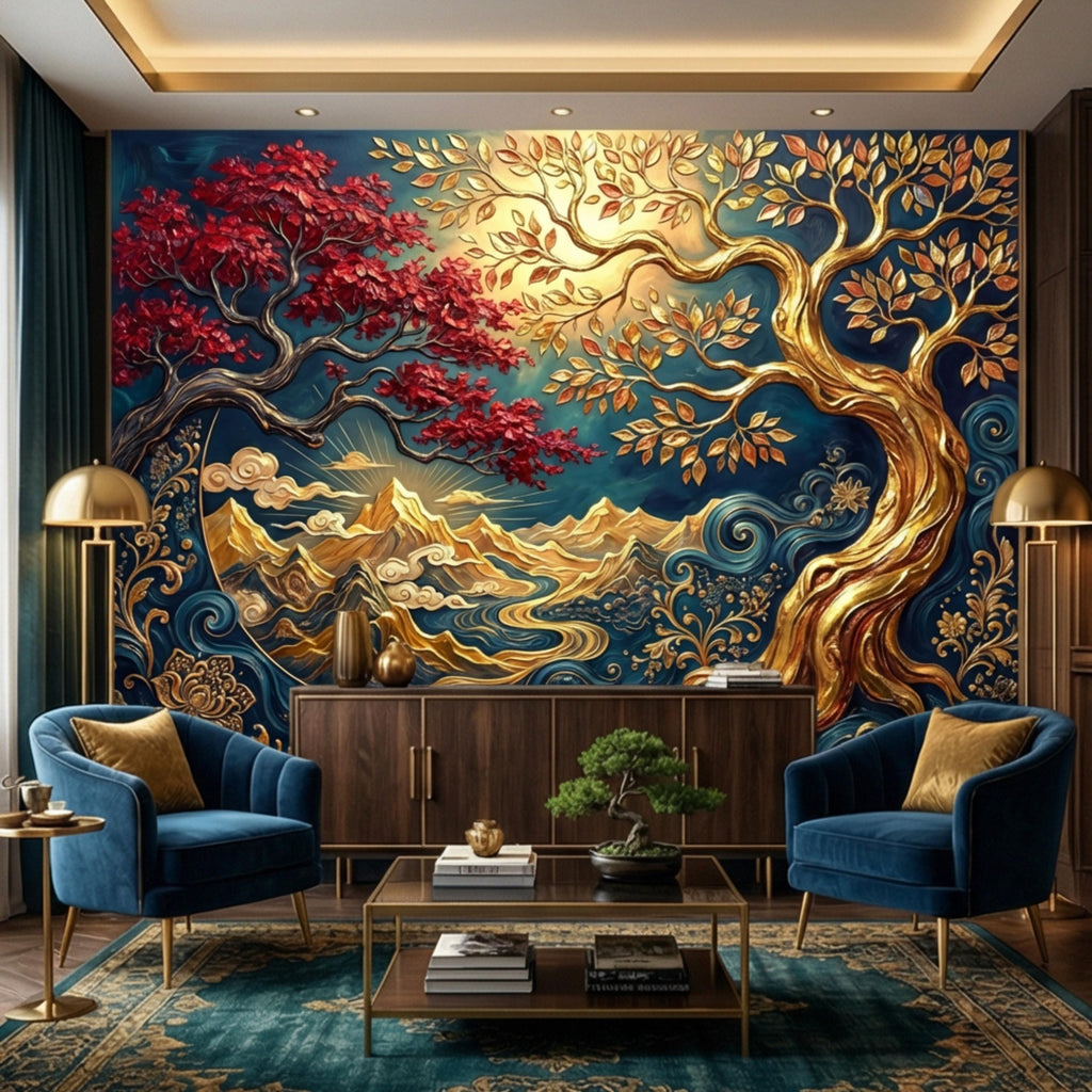 Gold Tree of Life Luxury Art Nouveau Peel and Stick Wall Mural, Blue Mountains River Waves, Fantasy Landscape Wallpaper Decor