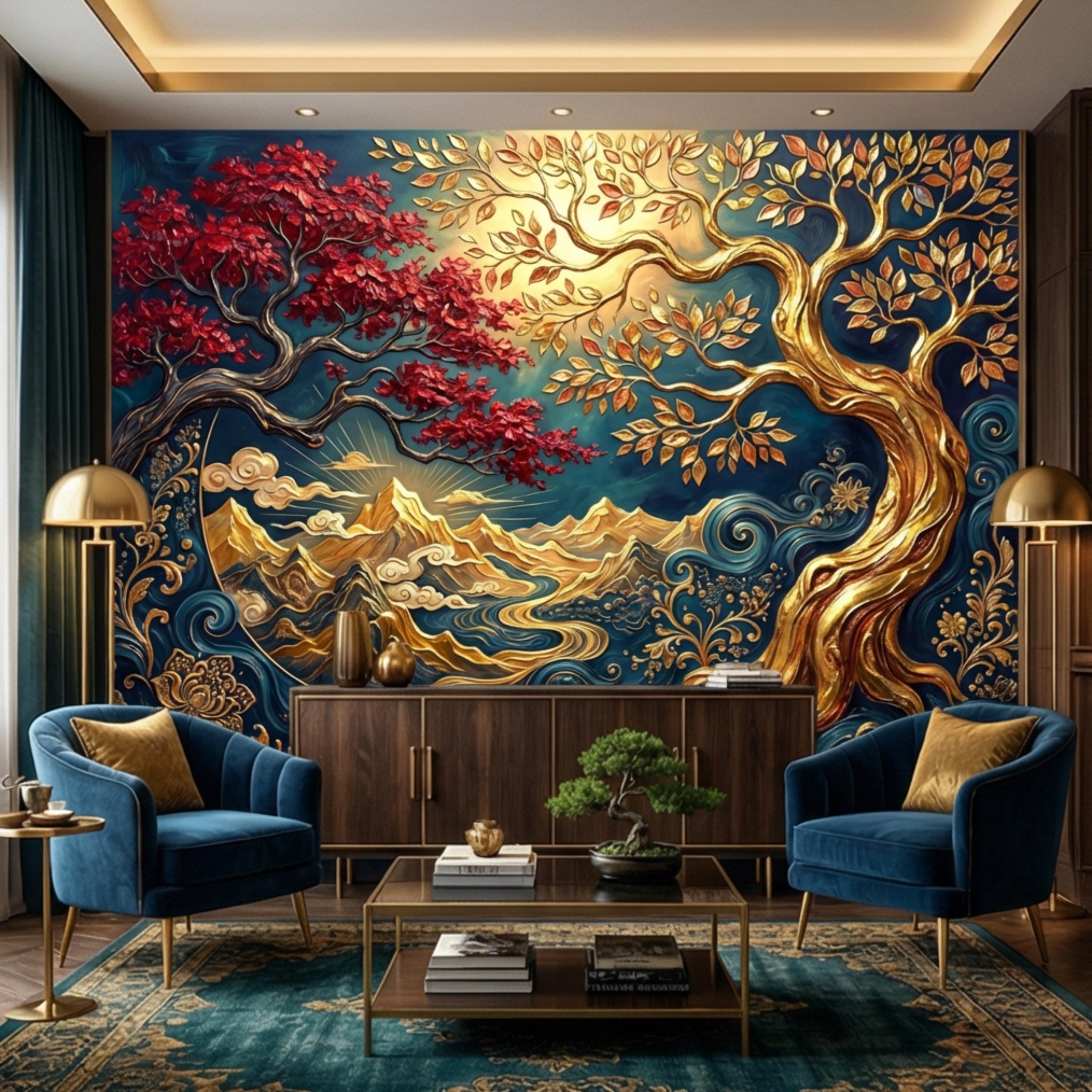 Gold Tree of Life Luxury Art Nouveau Peel and Stick Wall Mural, Blue Mountains River Waves, Fantasy Landscape Wallpaper Decor
