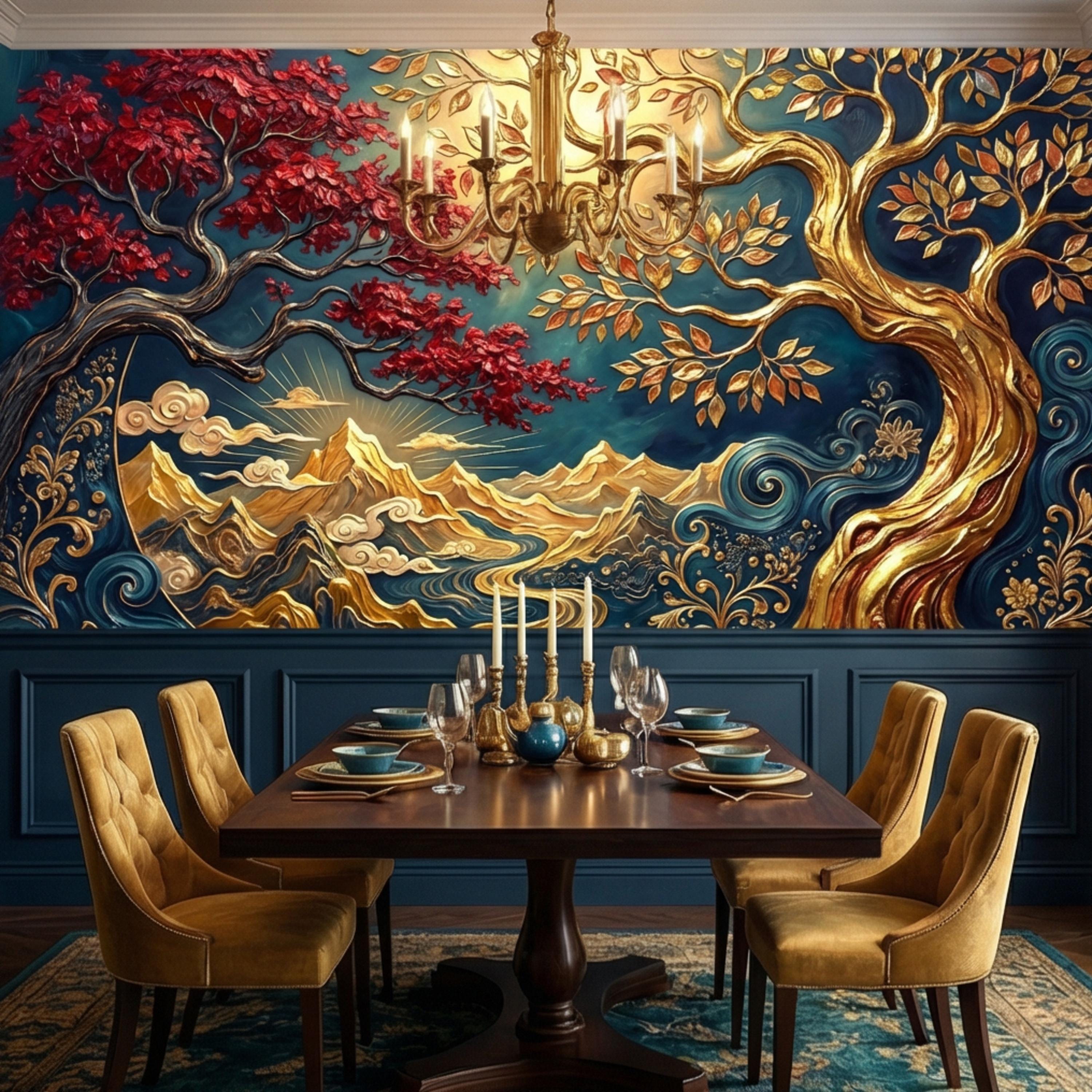 Gold Tree of Life Luxury Art Nouveau Peel and Stick Wall Mural, Blue Mountains River Waves, Fantasy Landscape Wallpaper Decor