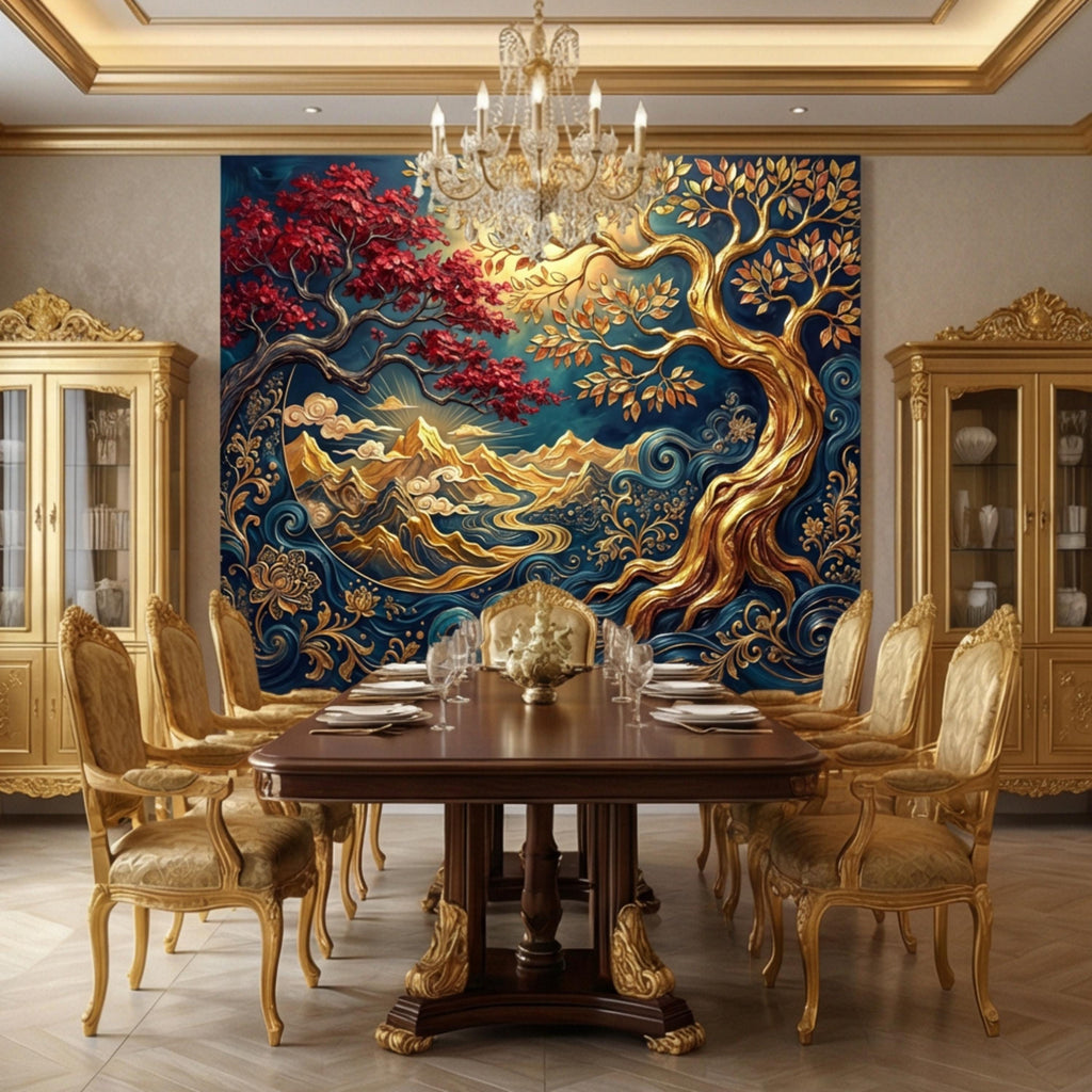Gold Tree of Life Luxury Art Nouveau Peel and Stick Wall Mural, Blue Mountains River Waves, Fantasy Landscape Wallpaper Decor