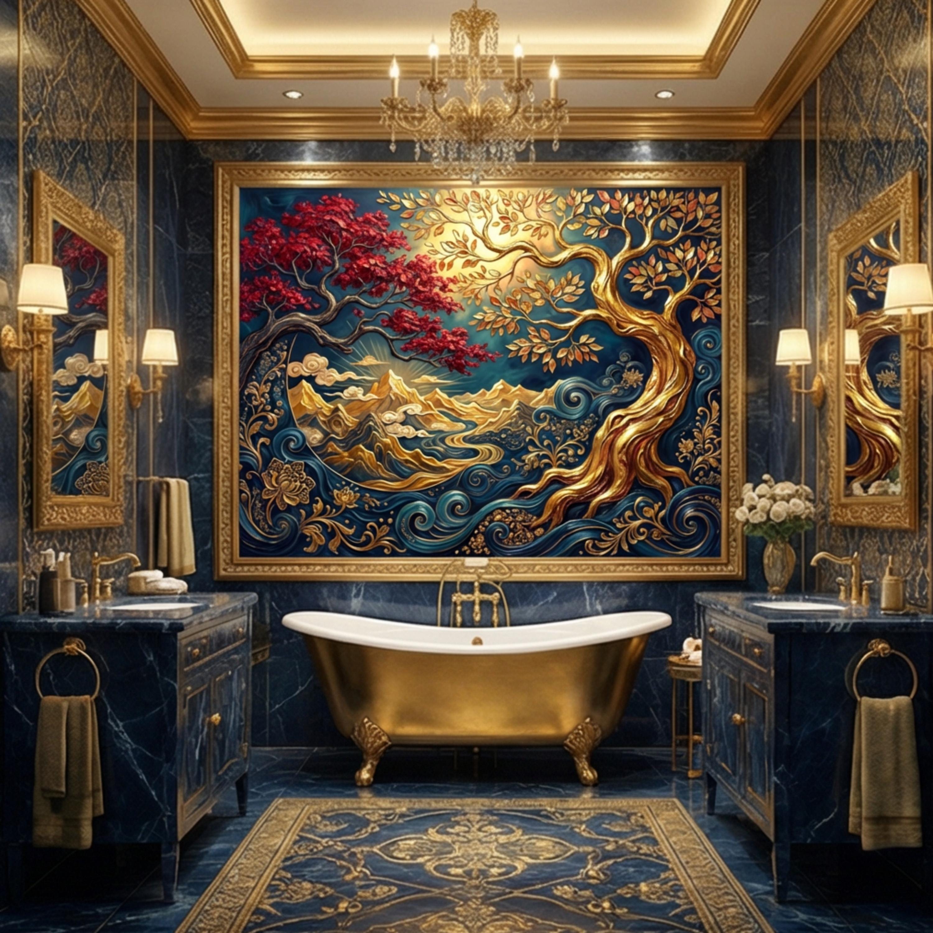 Gold Tree of Life Luxury Art Nouveau Peel and Stick Wall Mural, Blue Mountains River Waves, Fantasy Landscape Wallpaper Decor