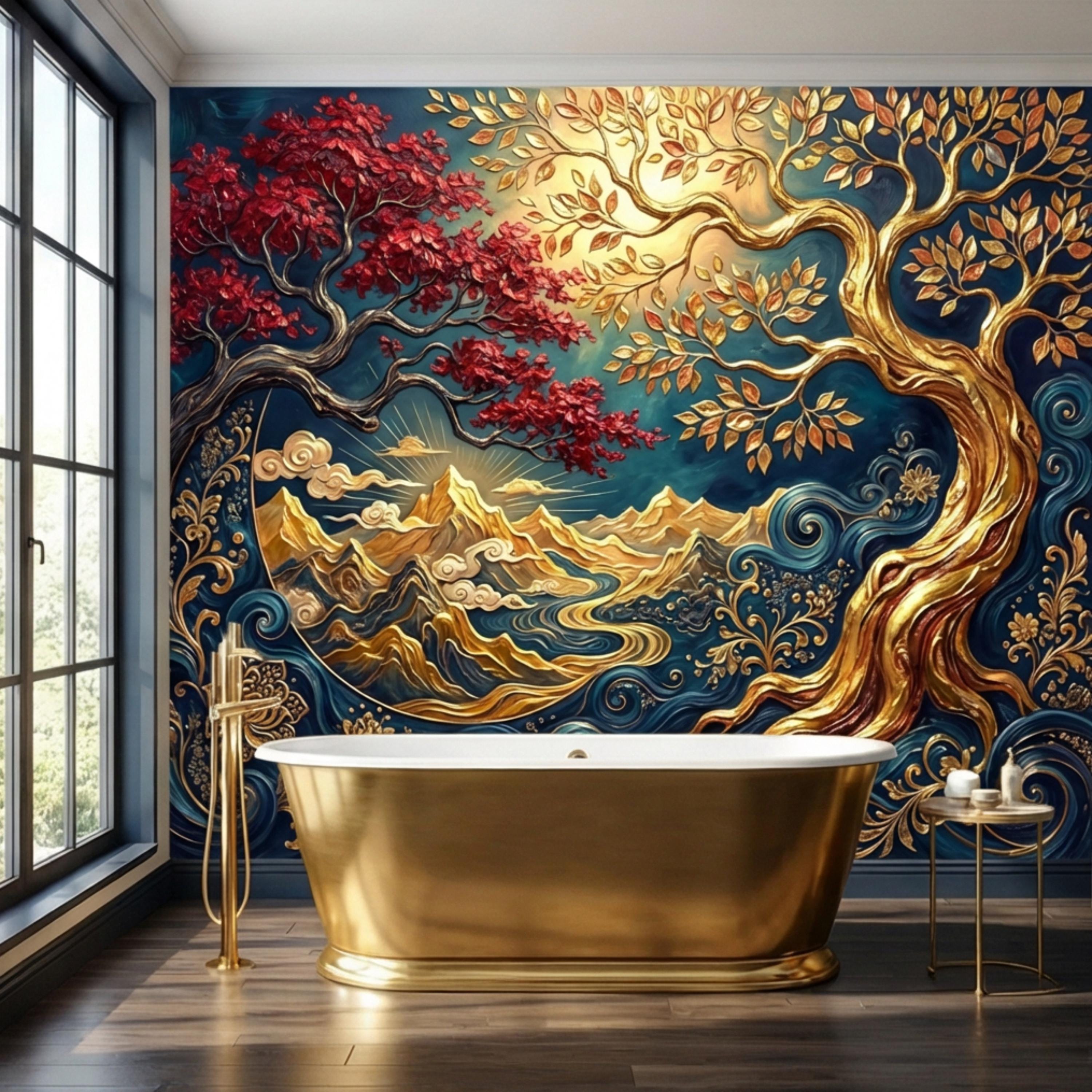 Gold Tree of Life Luxury Art Nouveau Peel and Stick Wall Mural, Blue Mountains River Waves, Fantasy Landscape Wallpaper Decor