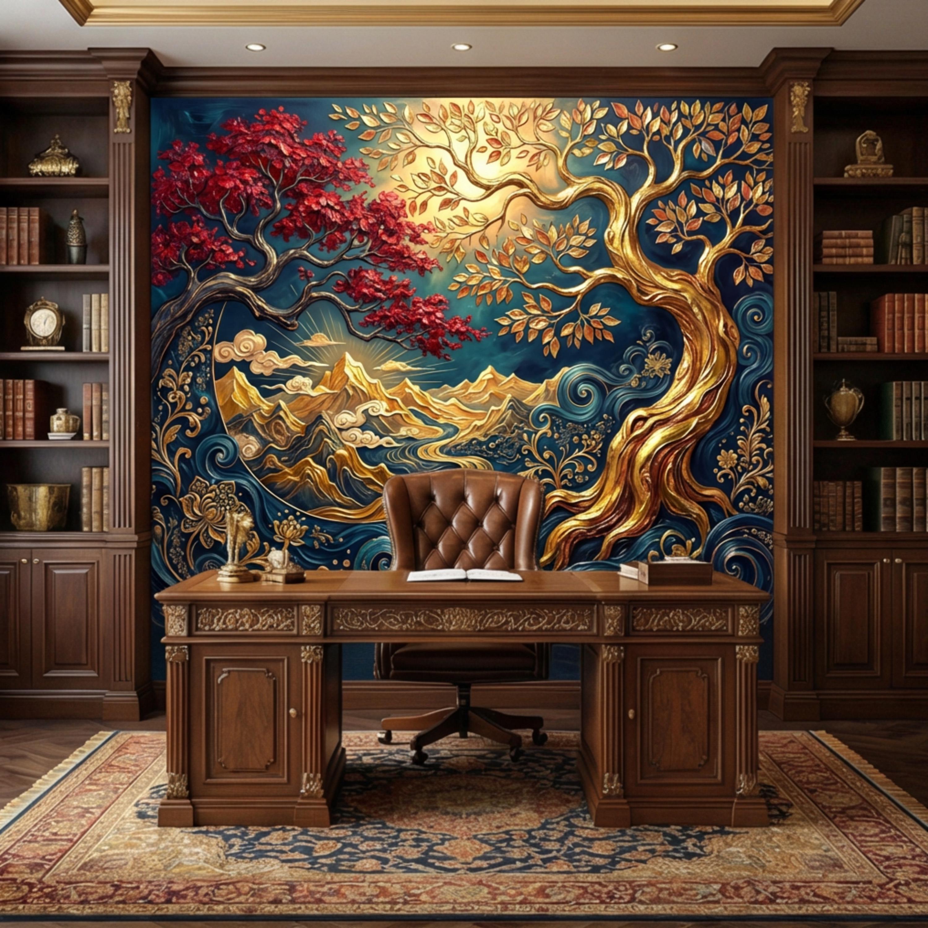 Gold Tree of Life Luxury Art Nouveau Peel and Stick Wall Mural, Blue Mountains River Waves, Fantasy Landscape Wallpaper Decor