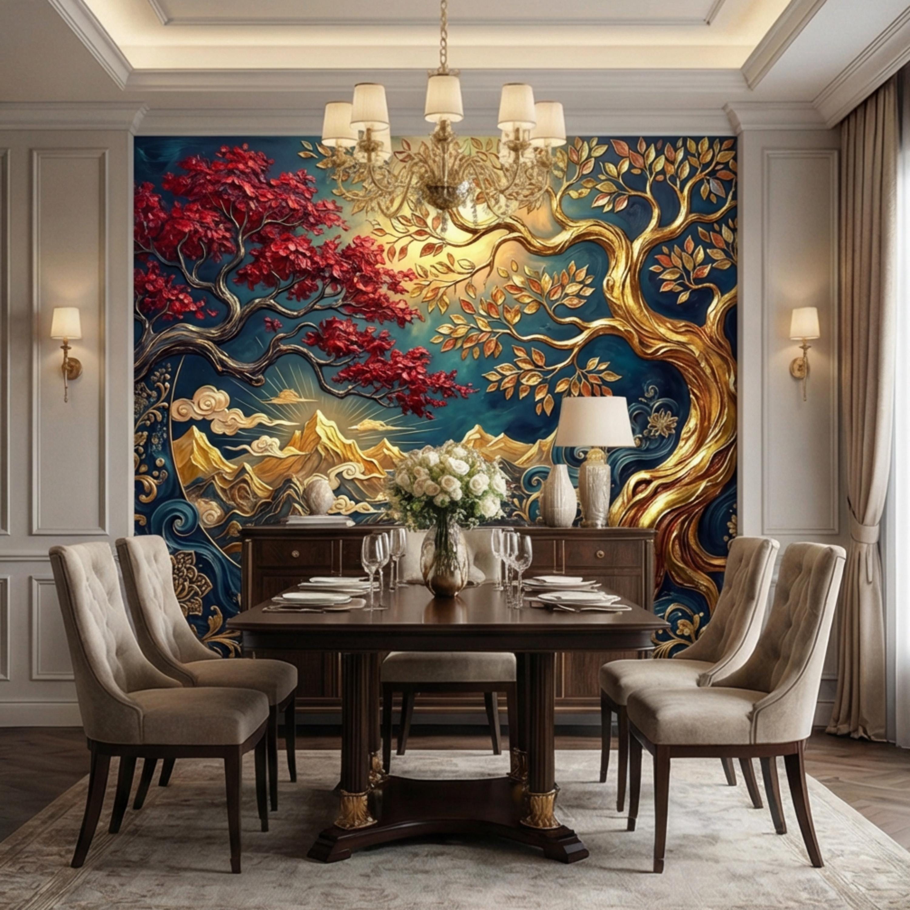 Gold Tree of Life Luxury Art Nouveau Peel and Stick Wall Mural, Blue Mountains River Waves, Fantasy Landscape Wallpaper Decor