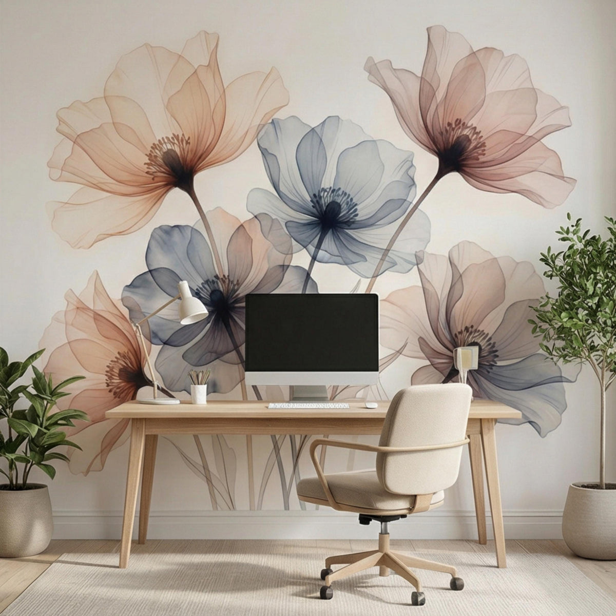 Pastel watercolor flower wall mural with peach and blue blooms and fine stem details on neutral wall