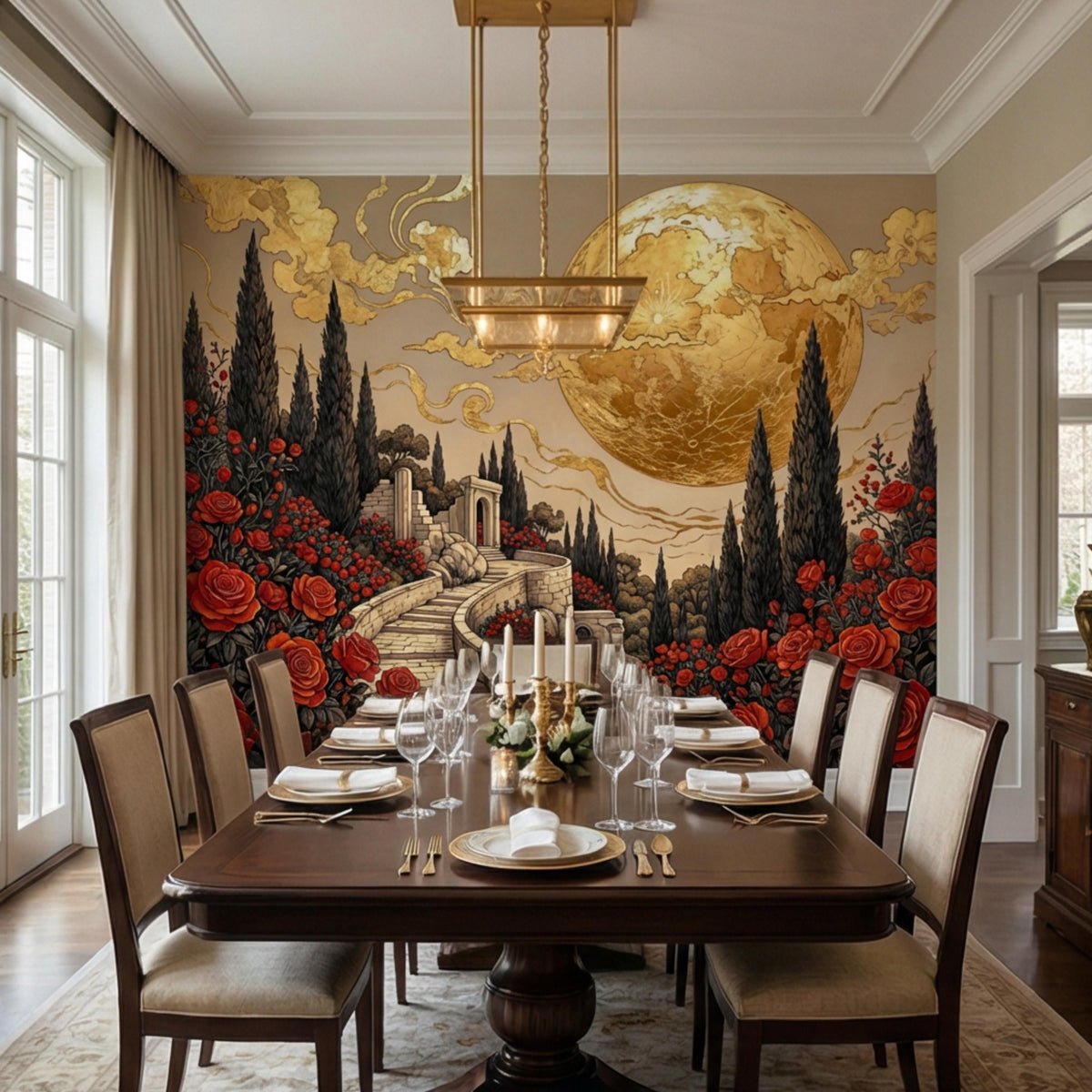 Wall mural featuring a golden moon globe above roses, cypress trees, and stone walkway