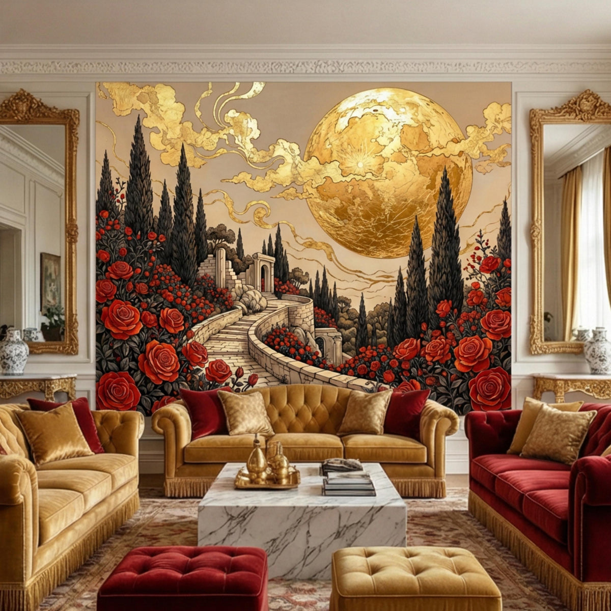 Wall mural with golden moon over rose garden path, cypress trees, and stone steps
