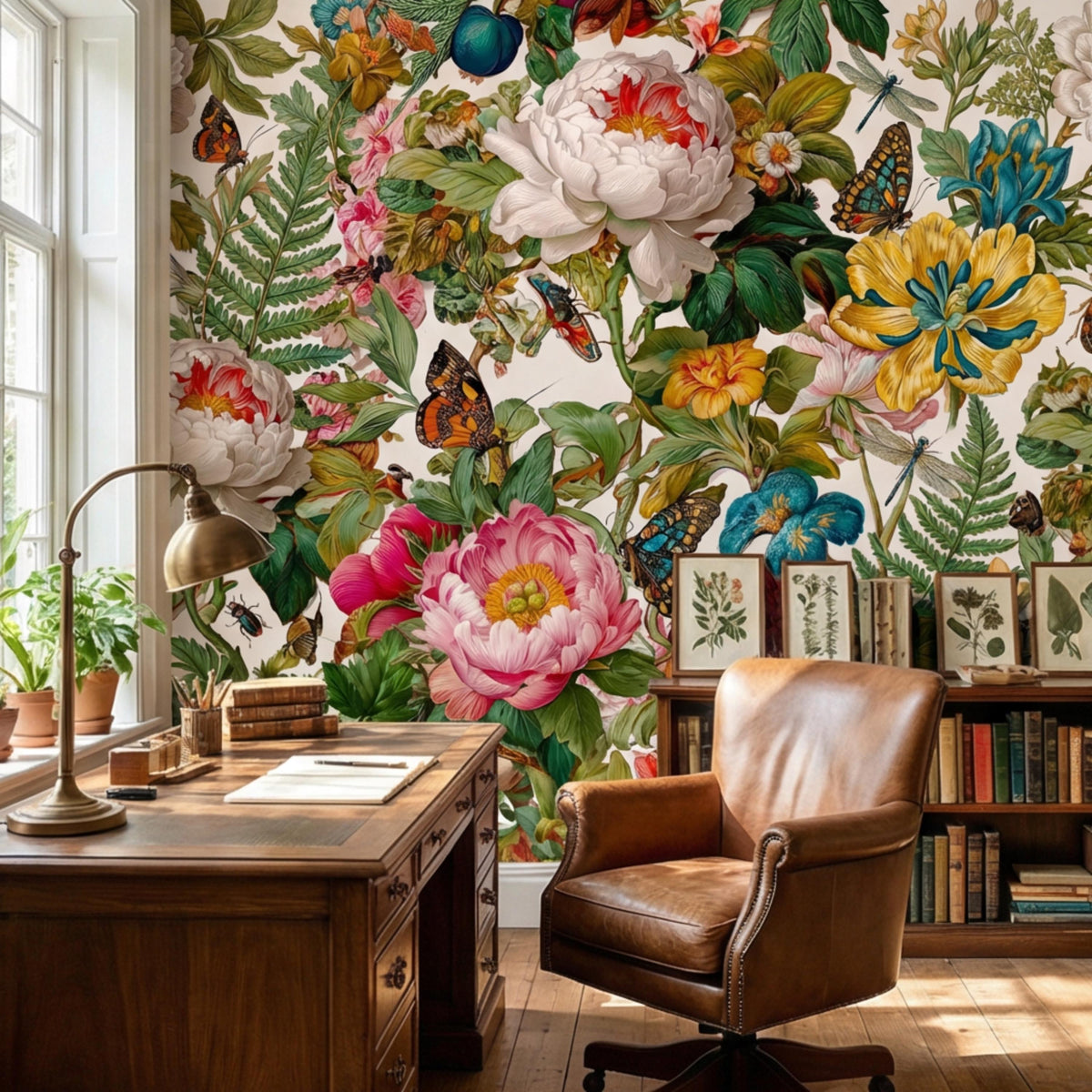 Vivid peony garden wall mural with butterflies and fern-like leaves across wall