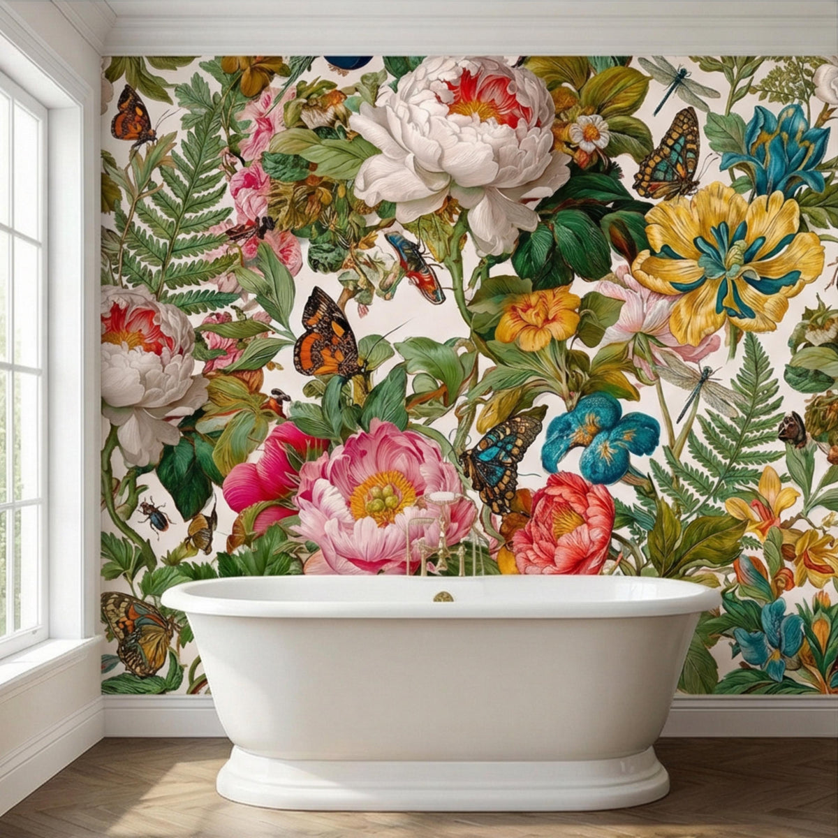 Peony and butterfly botanical wall mural with bright blooms and leafy ferns