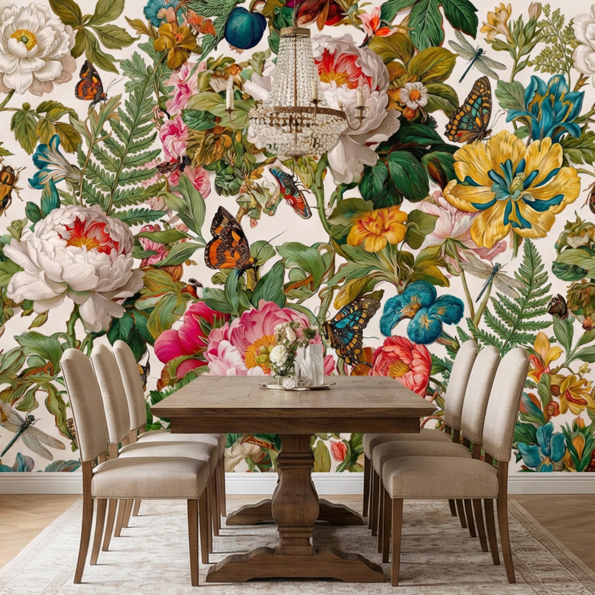 Garden floral wall mural with peonies, butterflies, and multicolor blossoms and leaves