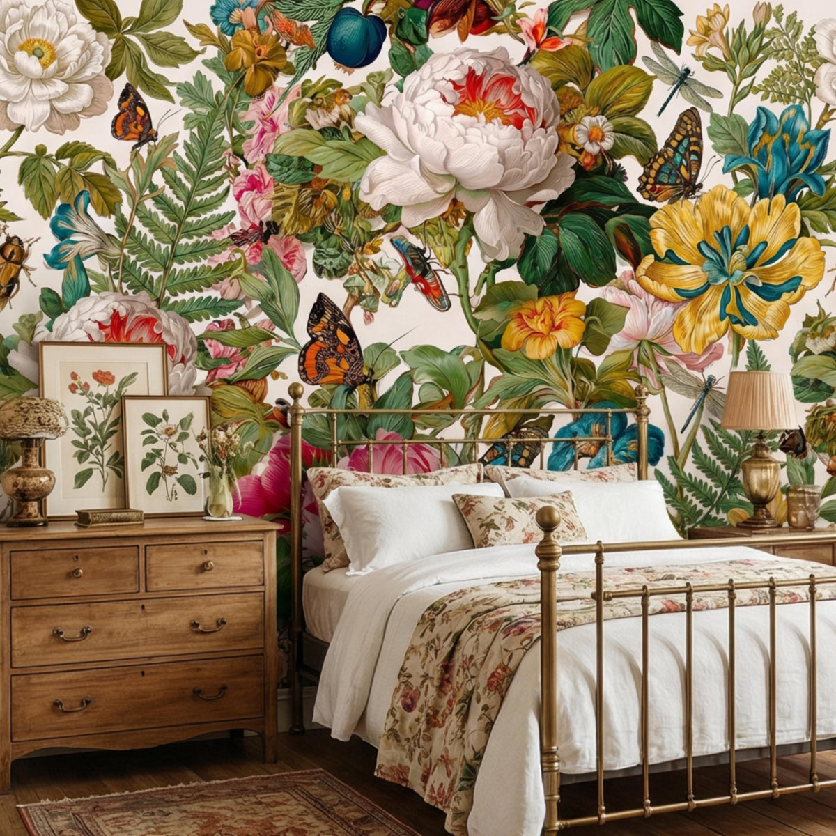 Colorful botanical wall mural with peony flowers, butterflies, and leafy vines