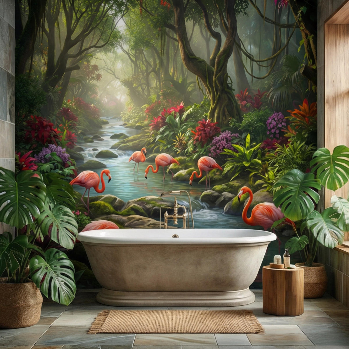 Jungle river wall mural with bright flamingos and layered tropical plants