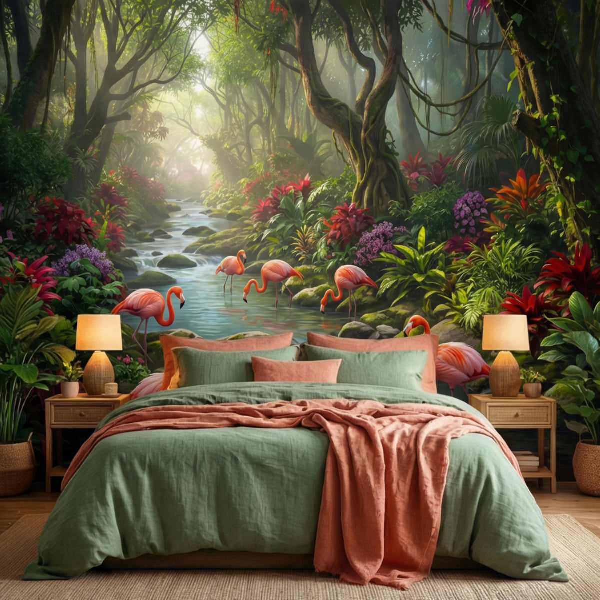 Colorful rainforest wall mural featuring a winding river and multiple pink flamingos
