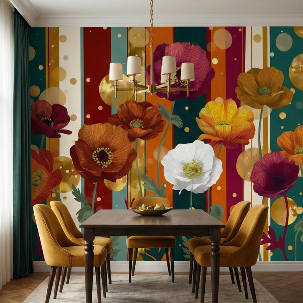 Colorful Striped Retro Poppy Flowers Peel and Stick Wall Mural, Mid Century Modern Floral Wallpaper