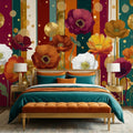 Colorful Striped Retro Poppy Flowers Peel and Stick Wall Mural, Mid Century Modern Floral Wallpaper