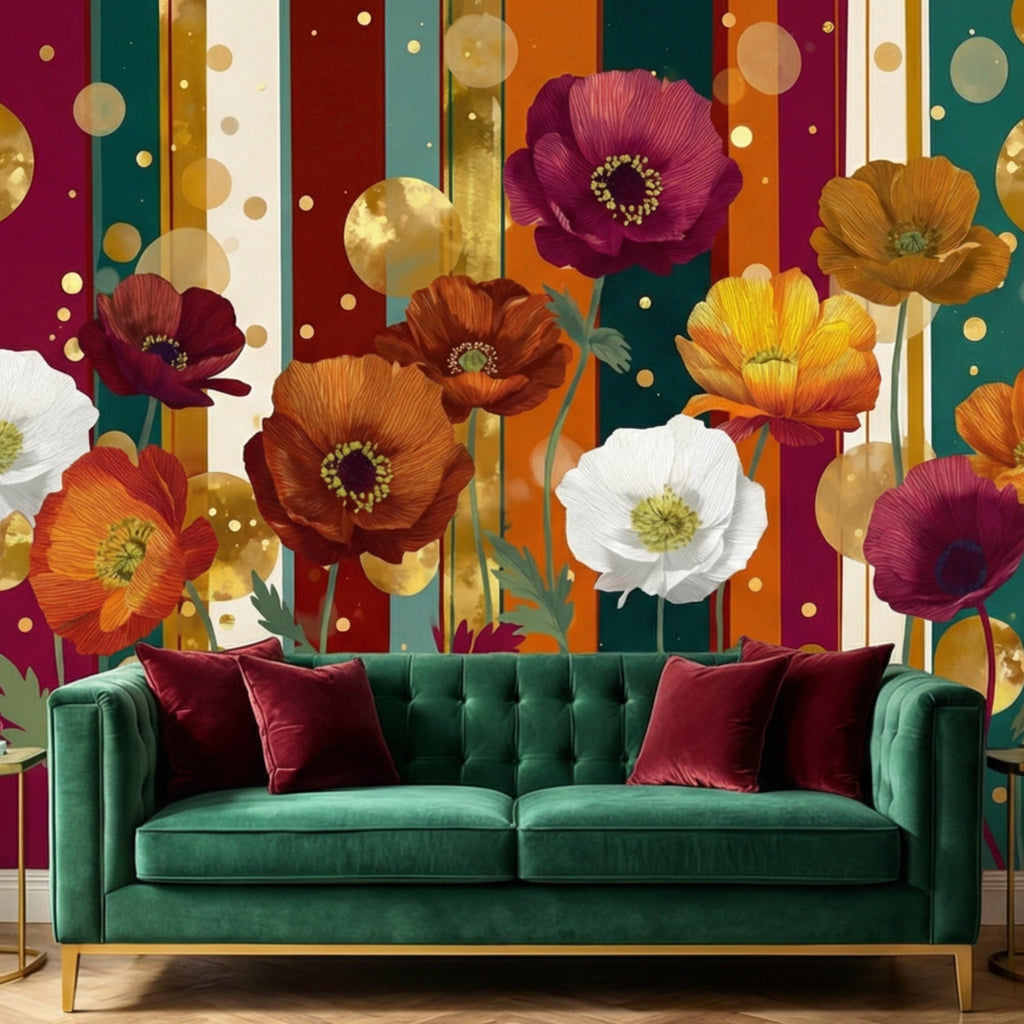 Colorful Striped Retro Poppy Flowers Peel and Stick Wall Mural, Mid Century Modern Floral Wallpaper