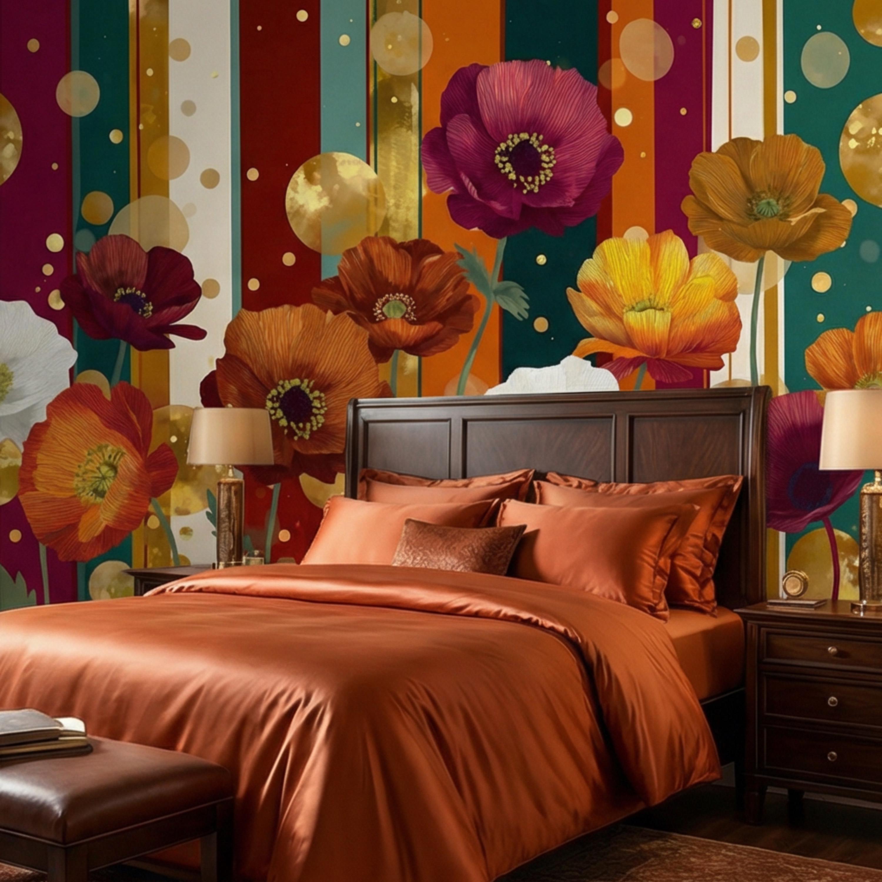 Colorful Striped Retro Poppy Flowers Peel and Stick Wall Mural, Mid Century Modern Floral Wallpaper