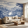 Blue Toile de Jouy Scenic Landscape Peel and Stick Wall Mural, Vintage French Country River Bridge Castle View Wallpaper