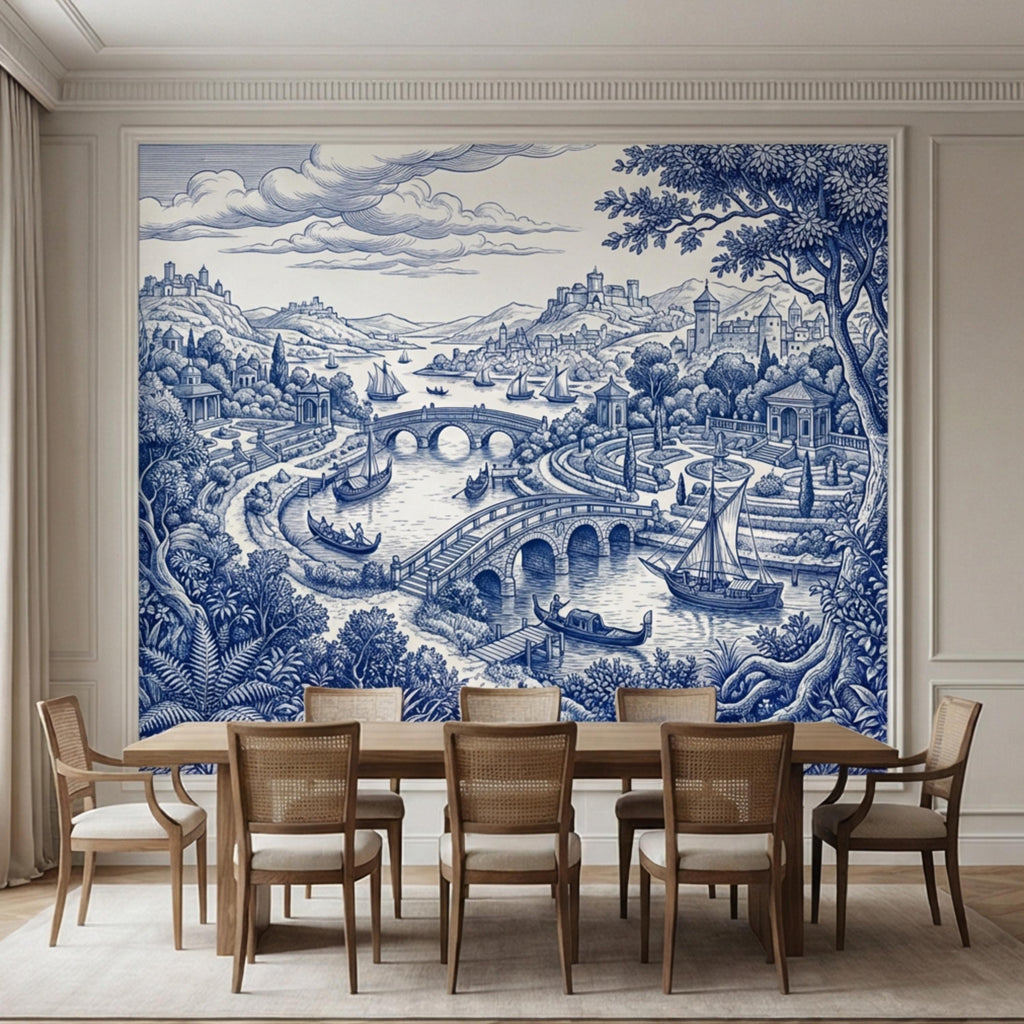 Blue Toile de Jouy Scenic Landscape Peel and Stick Wall Mural, Vintage French Country River Bridge Castle View Wallpaper