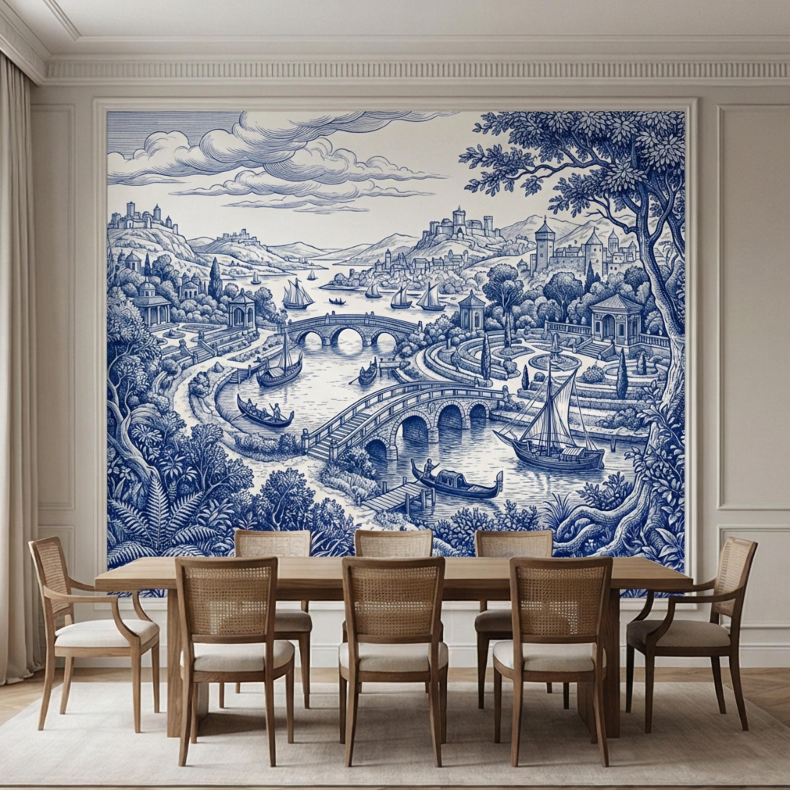 Blue Toile de Jouy Scenic Landscape Peel and Stick Wall Mural, Vintage French Country River Bridge Castle View Wallpaper