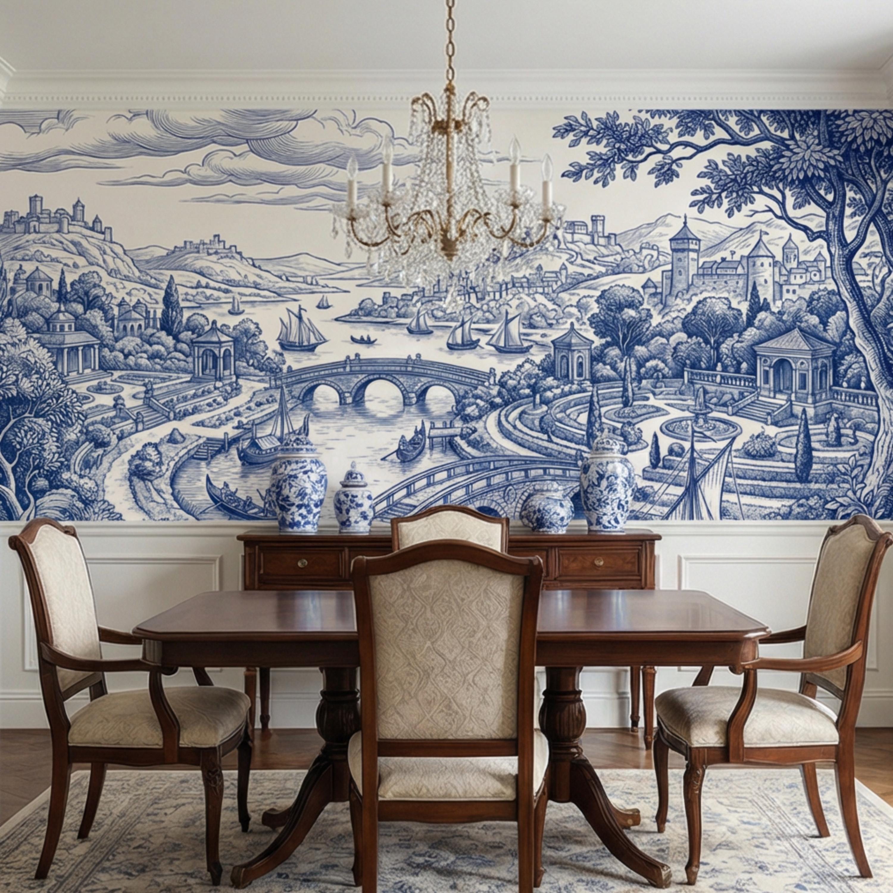 Blue Toile de Jouy Scenic Landscape Peel and Stick Wall Mural, Vintage French Country River Bridge Castle View Wallpaper