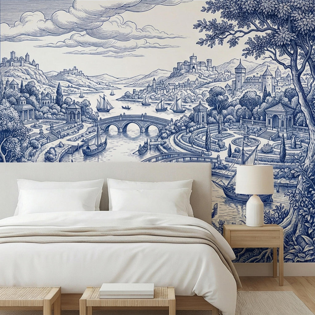 Blue Toile de Jouy Scenic Landscape Peel and Stick Wall Mural, Vintage French Country River Bridge Castle View Wallpaper