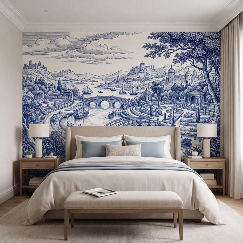Blue Toile de Jouy Scenic Landscape Peel and Stick Wall Mural, Vintage French Country River Bridge Castle View Wallpaper