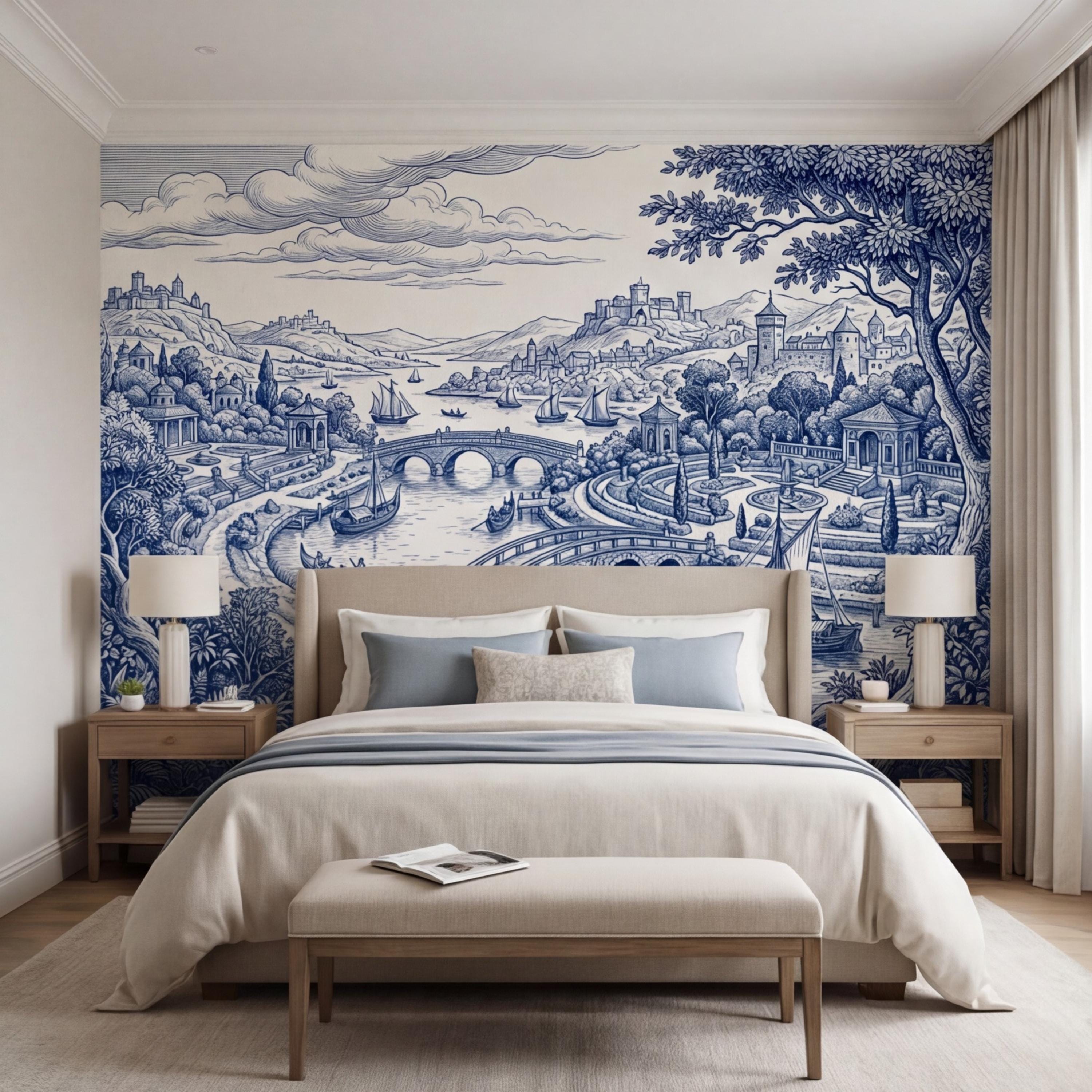 Blue Toile de Jouy Scenic Landscape Peel and Stick Wall Mural, Vintage French Country River Bridge Castle View Wallpaper
