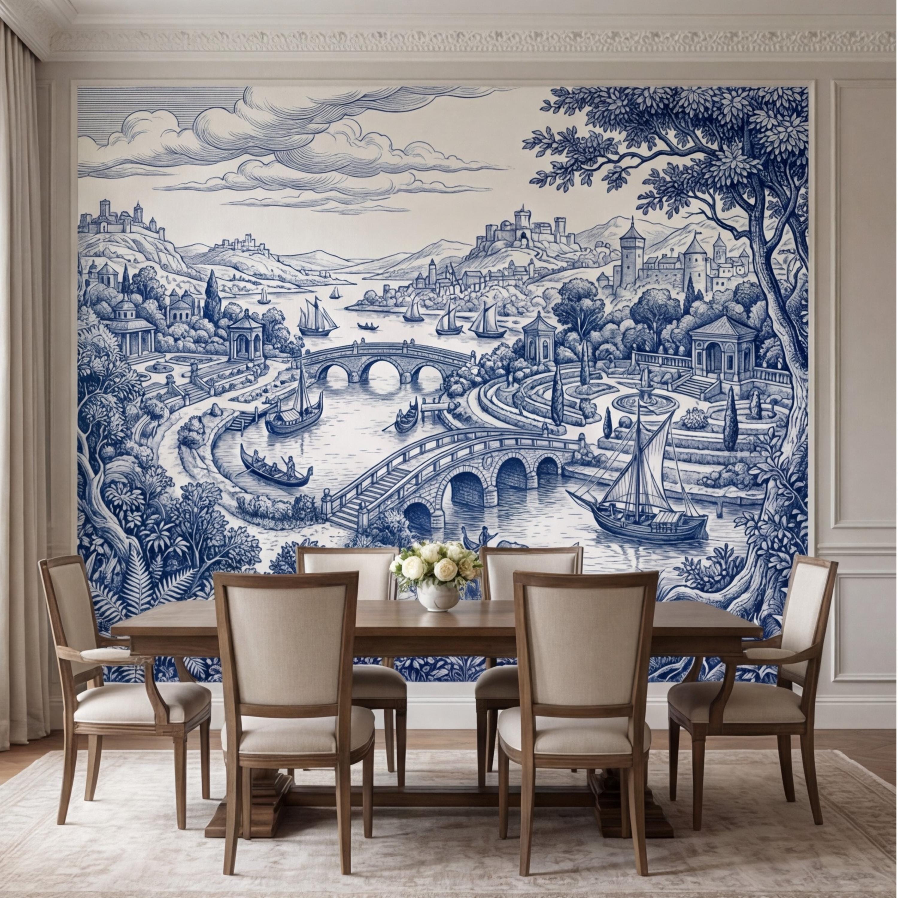 Blue Toile de Jouy Scenic Landscape Peel and Stick Wall Mural, Vintage French Country River Bridge Castle View Wallpaper