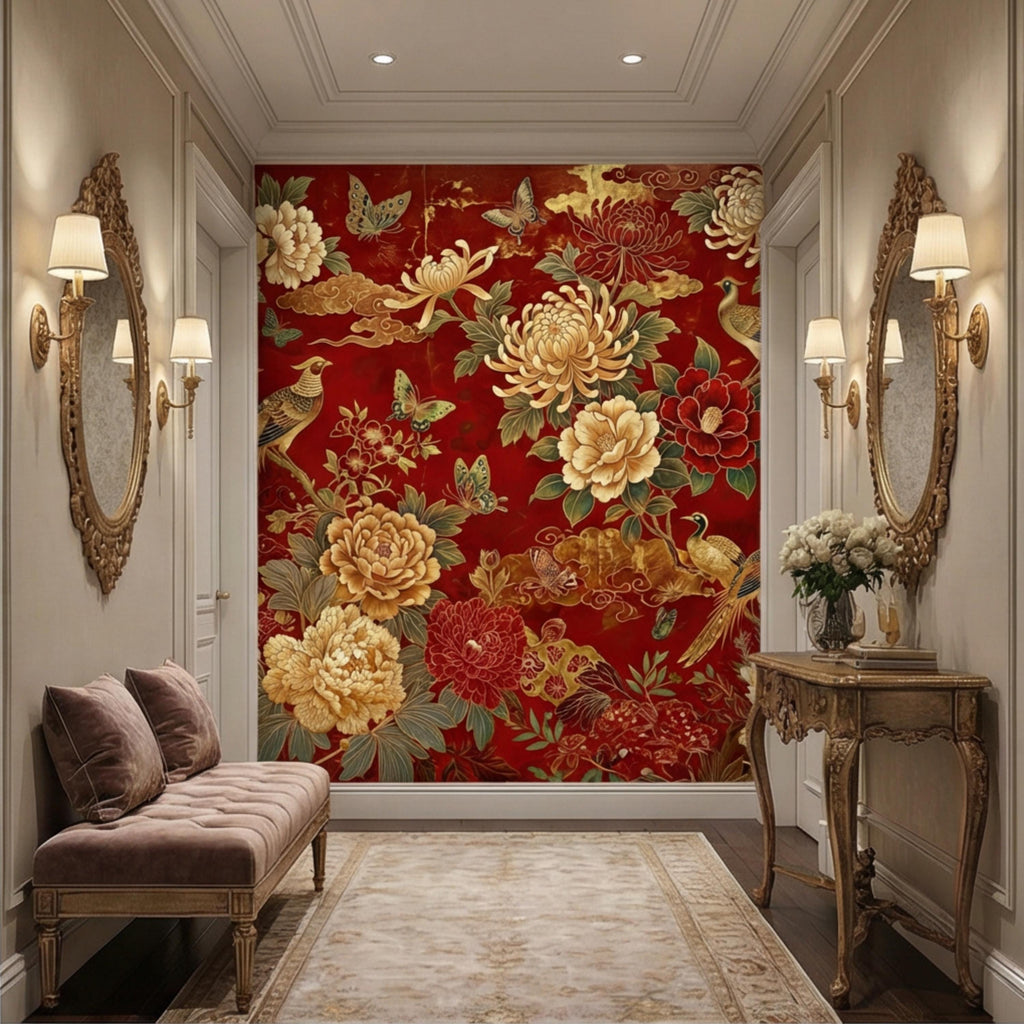 Red Chinoiserie Floral Peony Chrysanthemum Birds & Butterflies Peel and Stick Wall Mural, Traditional Chinoiserie Wallpaper