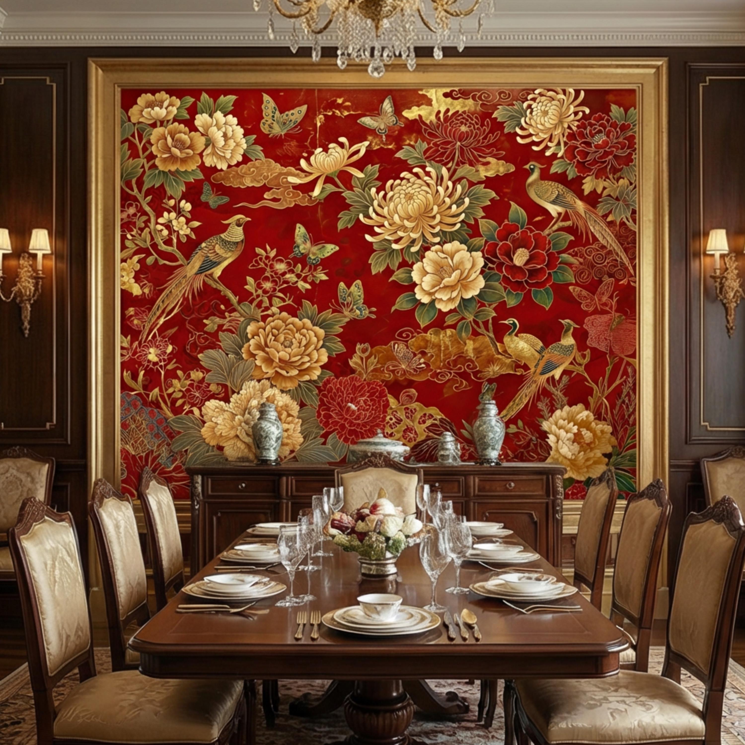 Red Chinoiserie Floral Peony Chrysanthemum Birds & Butterflies Peel and Stick Wall Mural, Traditional Chinoiserie Wallpaper