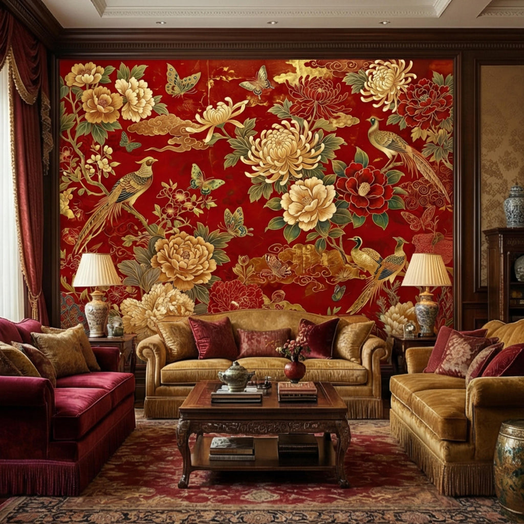 Red Chinoiserie Floral Peony Chrysanthemum Birds & Butterflies Peel and Stick Wall Mural, Traditional Chinoiserie Wallpaper