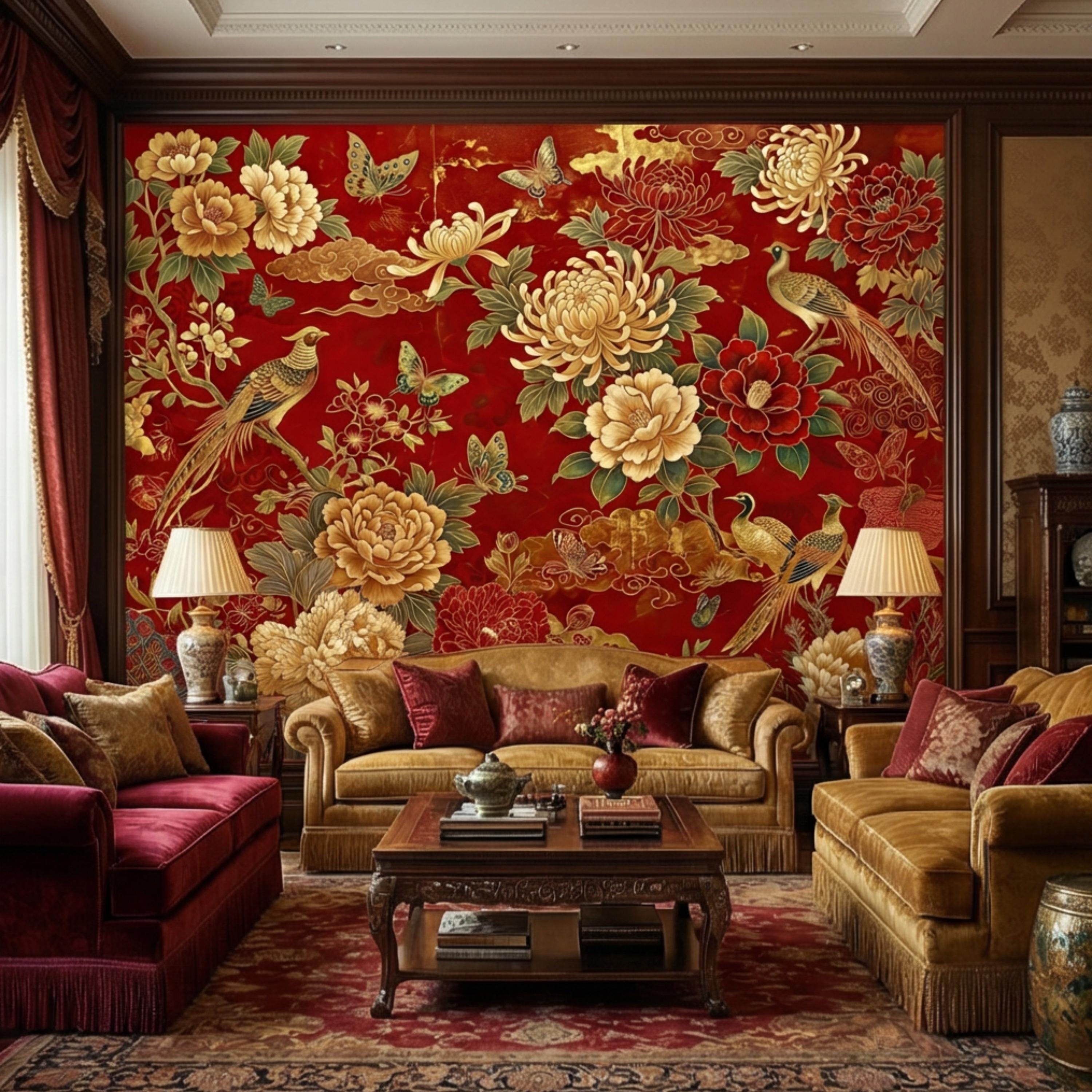 Red Chinoiserie Floral Peony Chrysanthemum Birds & Butterflies Peel and Stick Wall Mural, Traditional Chinoiserie Wallpaper