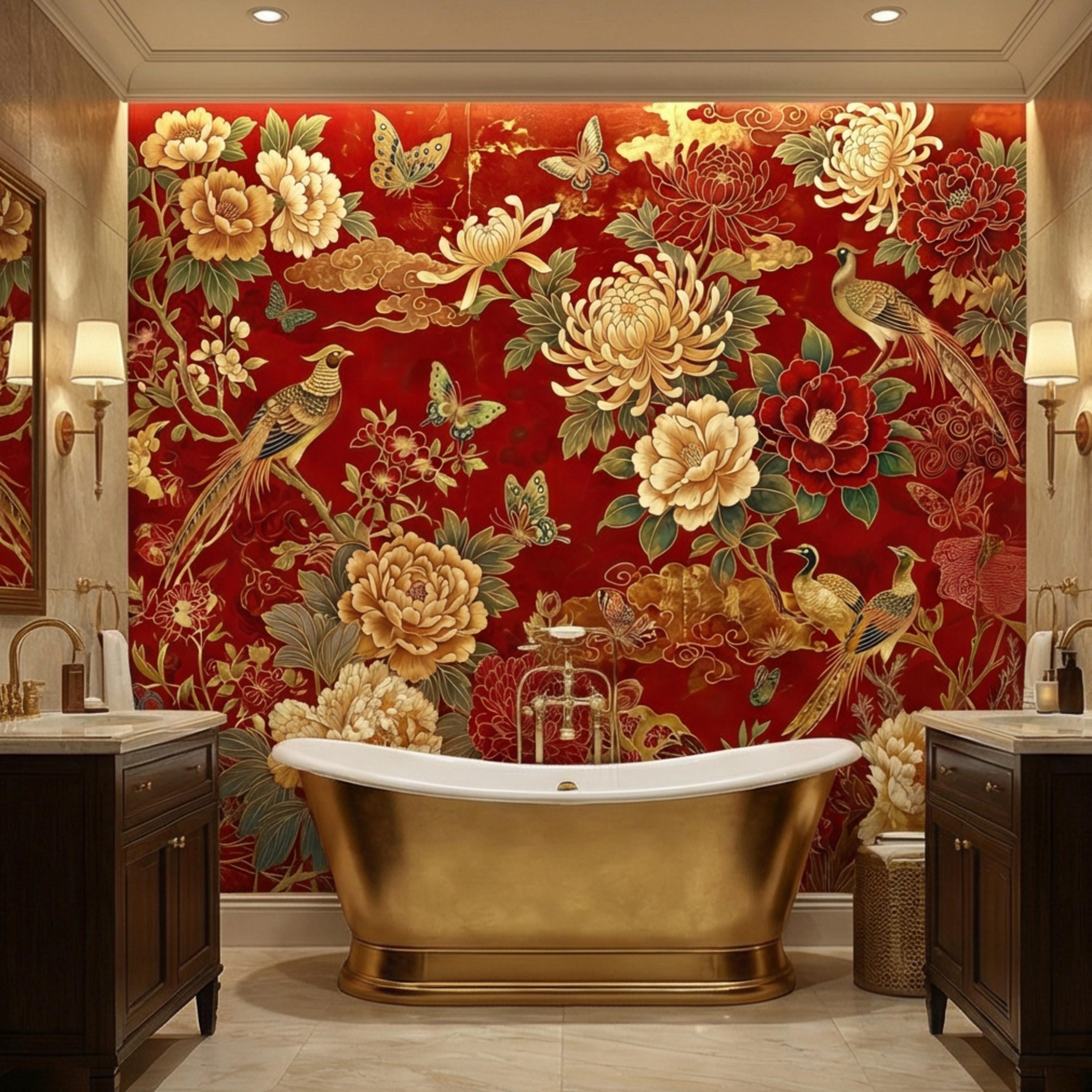 Red Chinoiserie Floral Peony Chrysanthemum Birds & Butterflies Peel and Stick Wall Mural, Traditional Chinoiserie Wallpaper