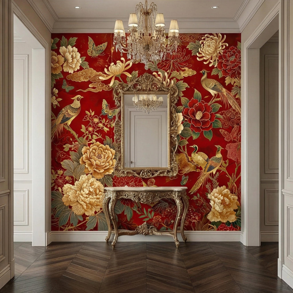 Red Chinoiserie Floral Peony Chrysanthemum Birds & Butterflies Peel and Stick Wall Mural, Traditional Chinoiserie Wallpaper