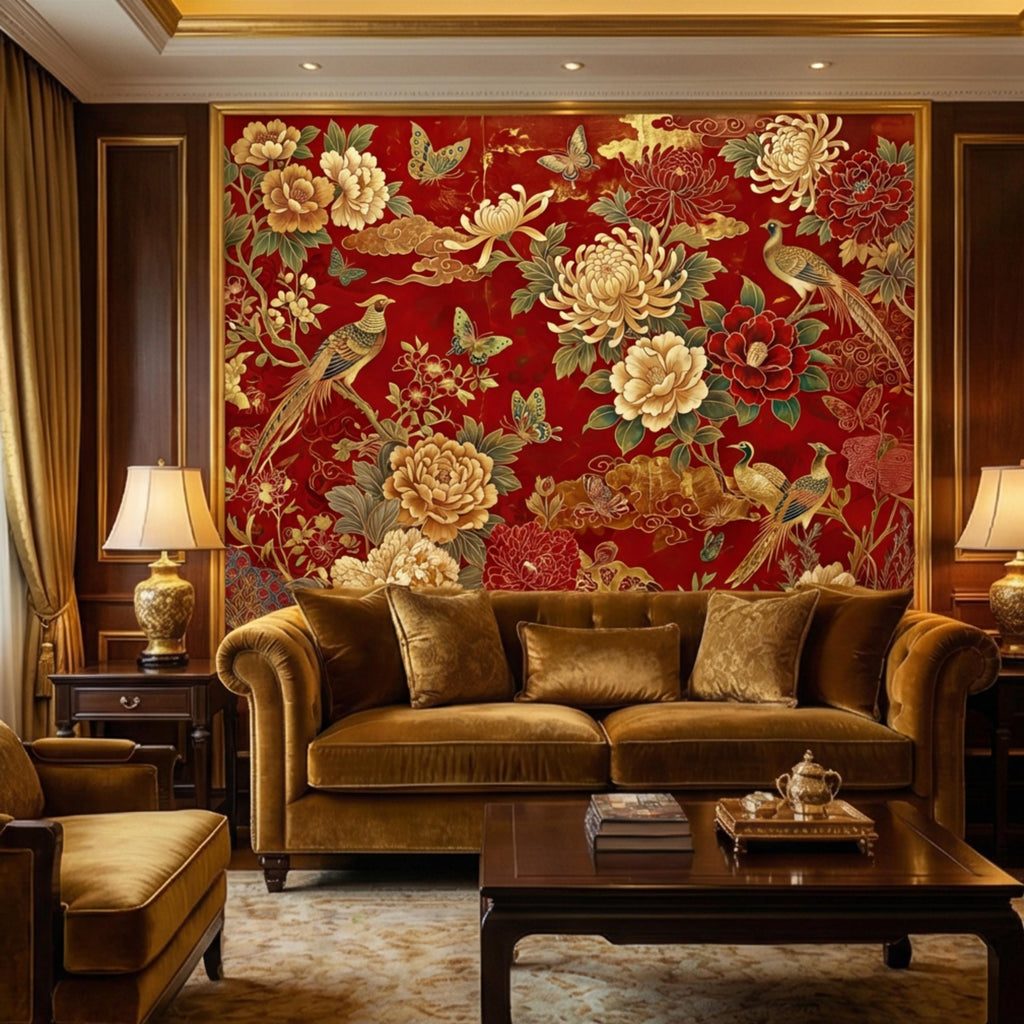 Red Chinoiserie Floral Peony Chrysanthemum Birds & Butterflies Peel and Stick Wall Mural, Traditional Chinoiserie Wallpaper