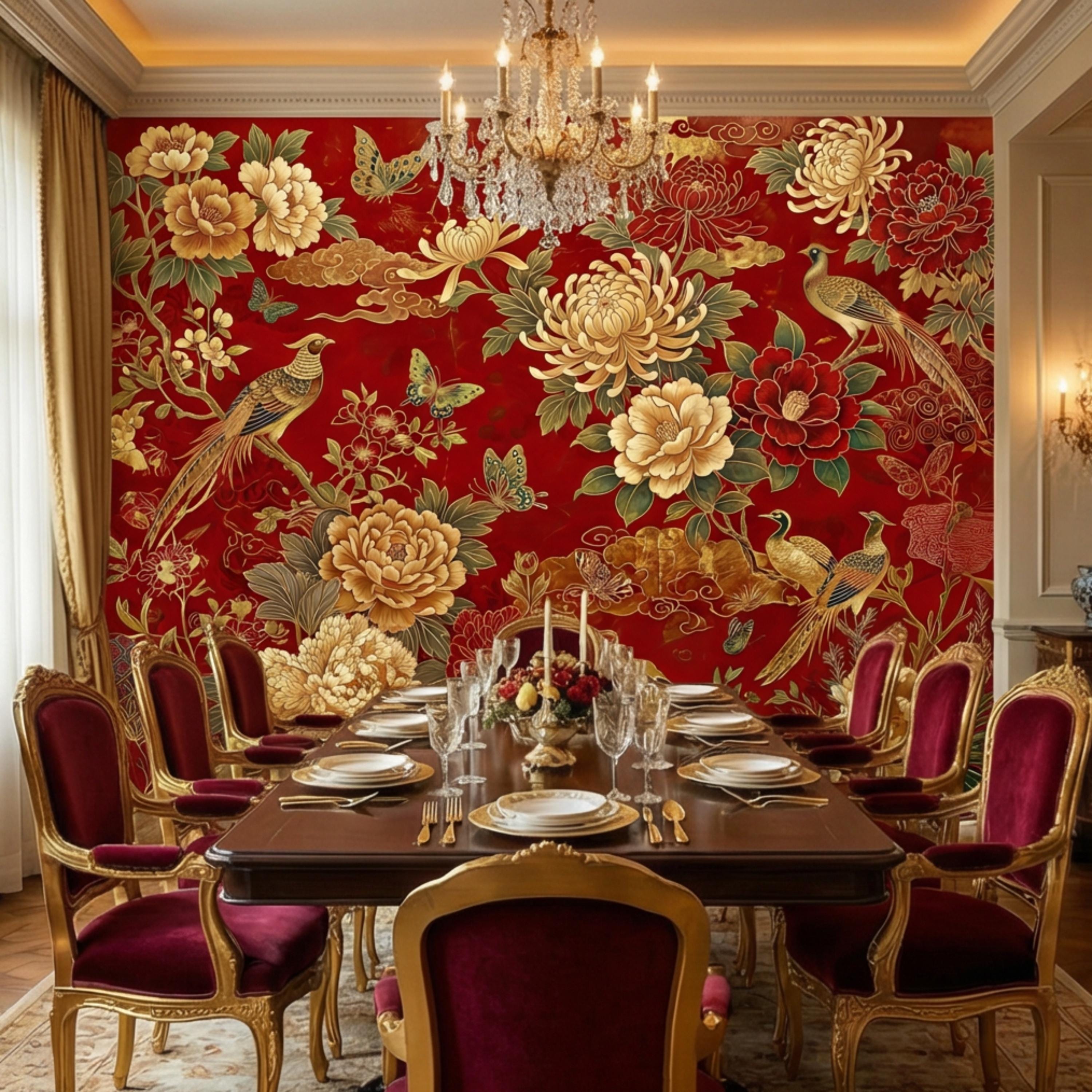 Red Chinoiserie Floral Peony Chrysanthemum Birds & Butterflies Peel and Stick Wall Mural, Traditional Chinoiserie Wallpaper
