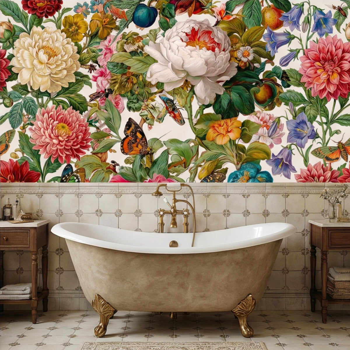 Botanical floral wall mural with oversized white peony and butterflies