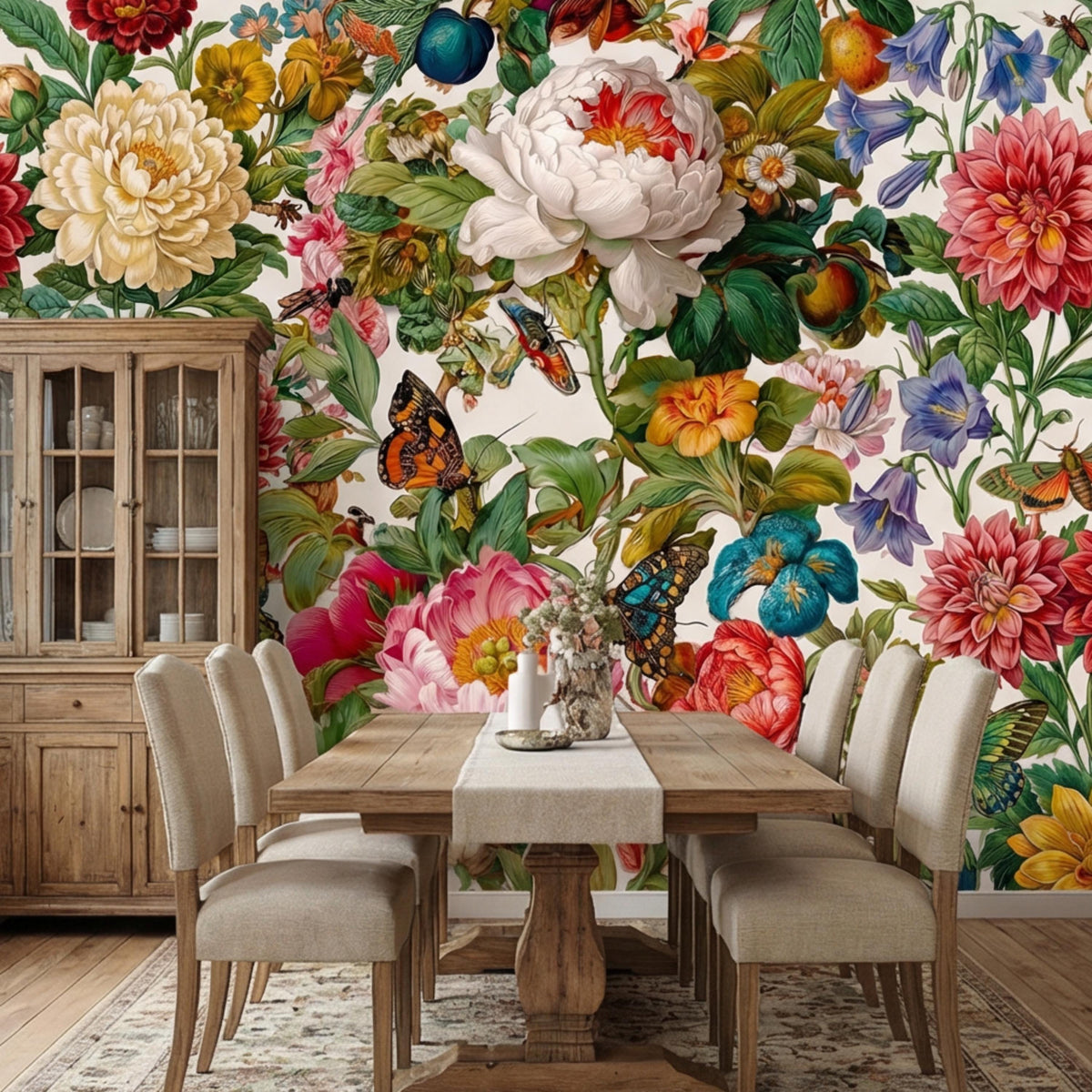 Botanical floral wall mural with peony flowers, butterflies, and vivid garden blossoms
