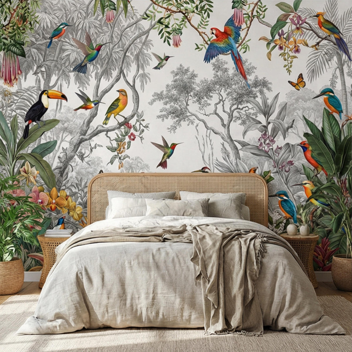 Botanical wall mural featuring colorful tropical birds, orchids, and dense leafy branches