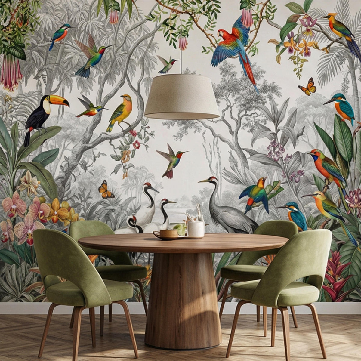 Botanical bird wall mural with multicolor parrots, toucan, butterflies, and flowering plants