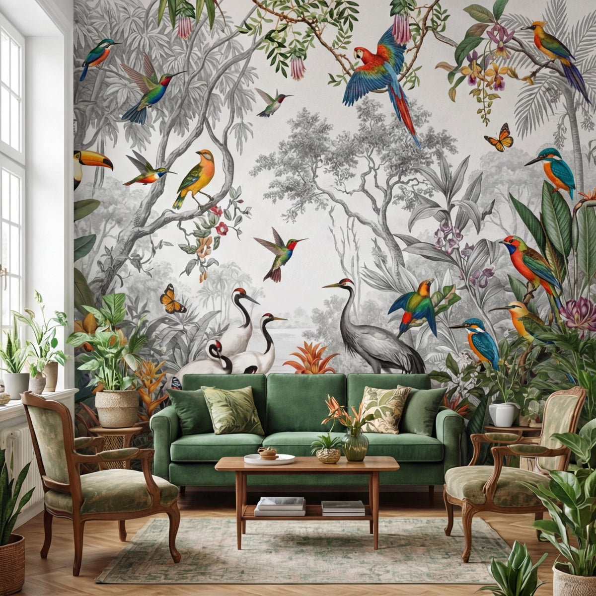 Botanical wall mural with colorful tropical birds, butterflies, orchids, and lush leaves
