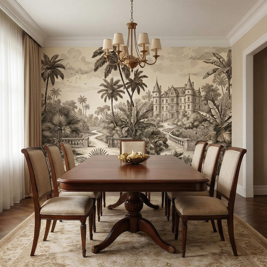 Vintage Tropical Toile Sepia Palm Tree Chateau Landscape Peel and Stick Wall Mural, Neutral Monochrome Illustration Wallpaper