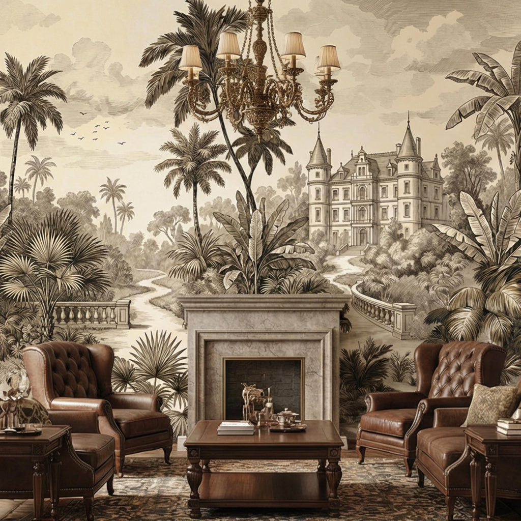 Vintage Tropical Toile Sepia Palm Tree Chateau Landscape Peel and Stick Wall Mural, Neutral Monochrome Illustration Wallpaper